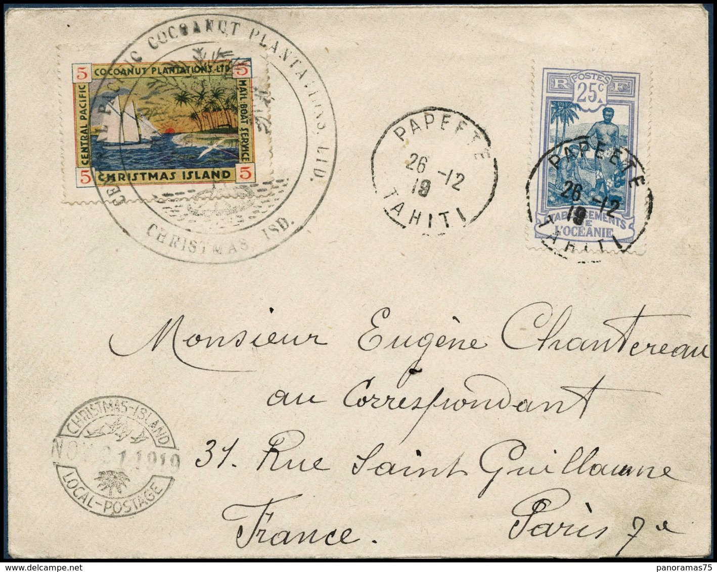 Lettre N°51 Lettre Du 21/11/19 De Christmas Island Pour Paris, Affranchie Avec La Vignette 5c Et Un Timbre Polynésien à  - Altri & Non Classificati