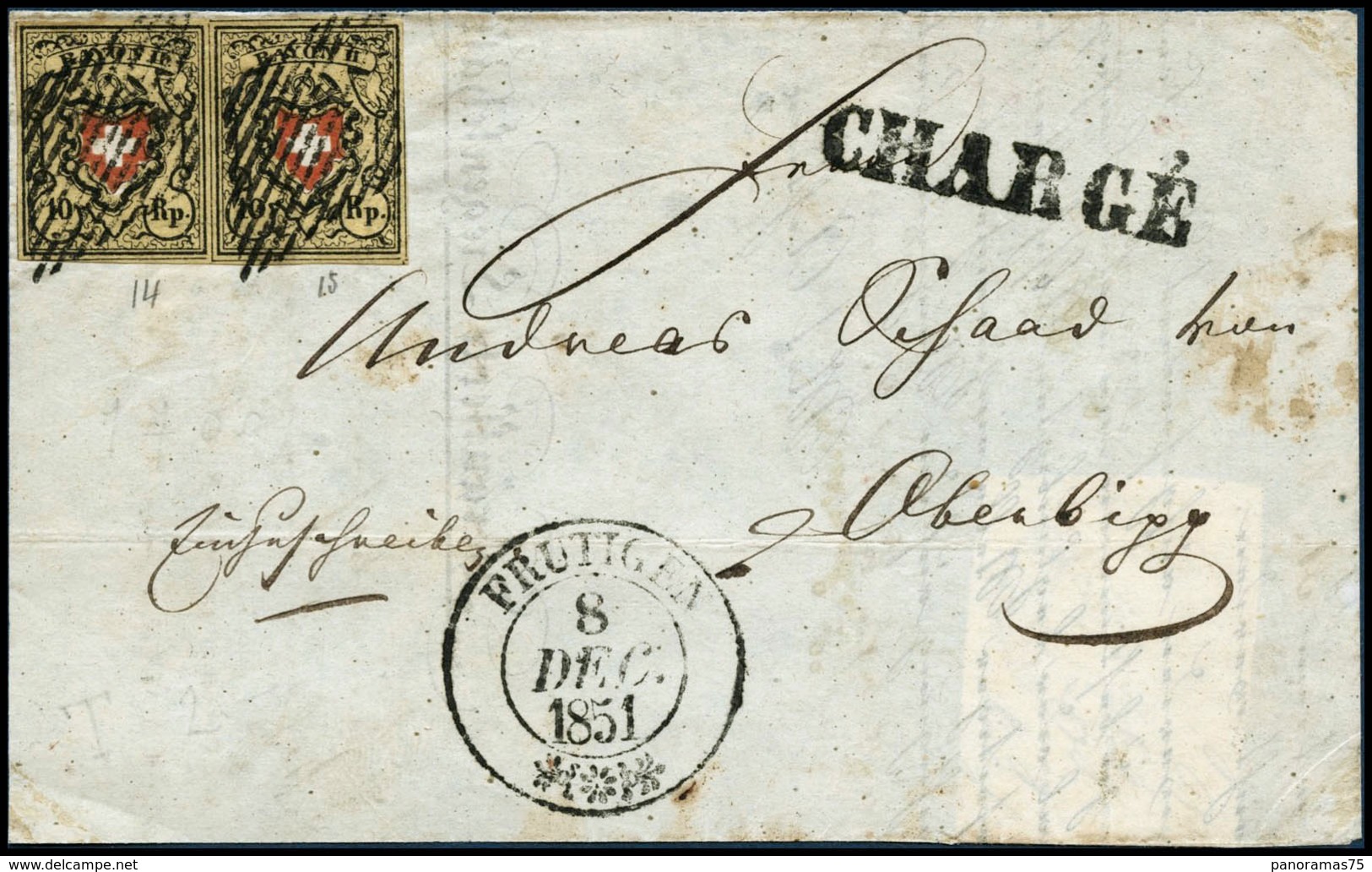 Lettre N°15 X2 Paire Du 10r Jaune Noir Et Rouge S/lettre De Frutigen Du 8/12/1851 - TB - Other & Unclassified