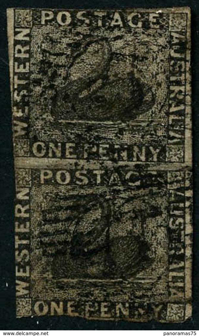 Oblit. N°1 1p Noir, Paire Verticale, Touché - B - Used Stamps