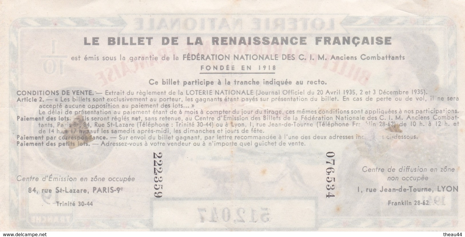¤¤   -   1/10 D'un Billet De La LOTERIE NATIONALE De 1941   -   Billet De La Renaissance Française   -  ¤¤ - Billets De Loterie