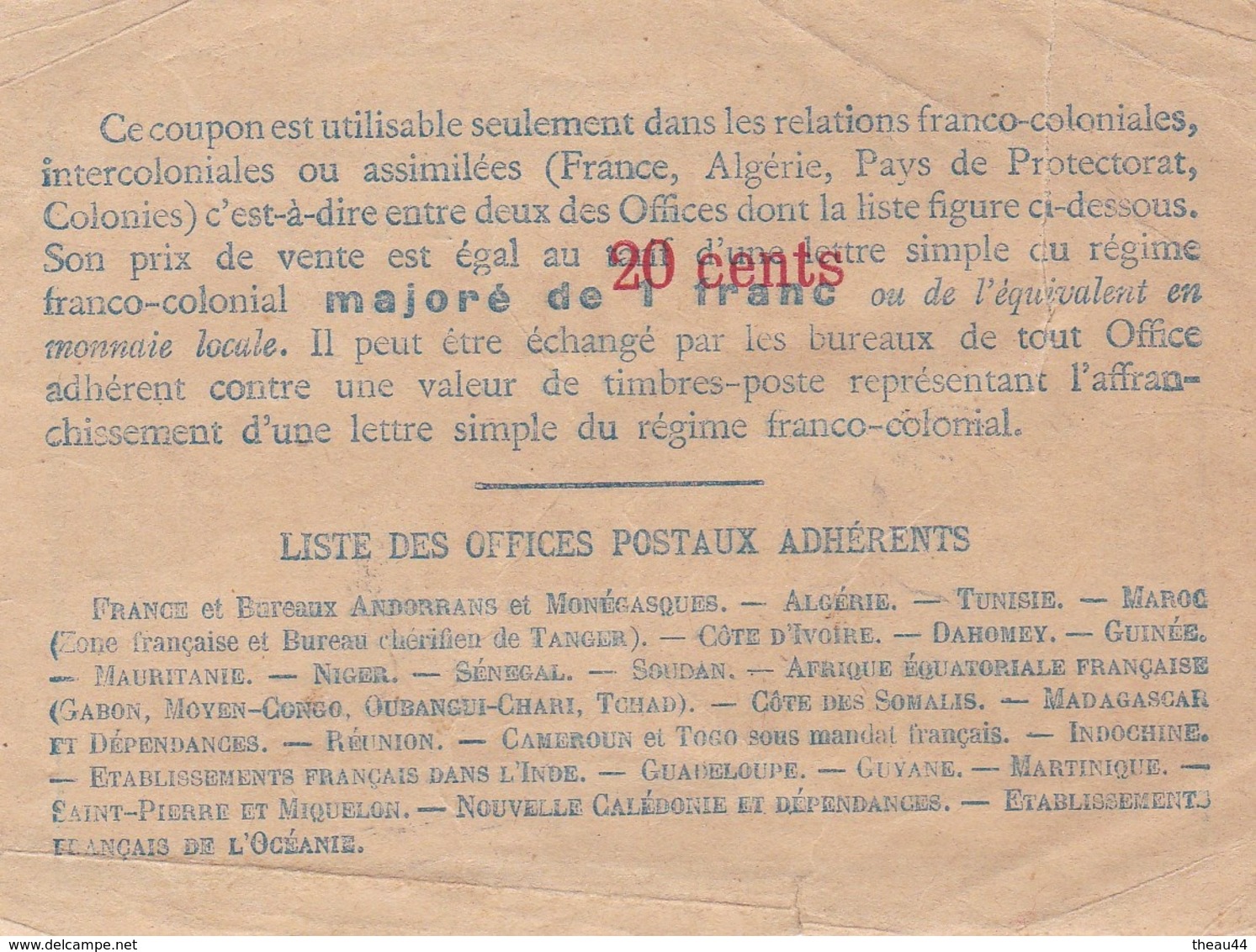 ¤¤   -   INDOCHINE  -  Billet De Banque ??  -  Coupon-Réponse " FRANCO-COLONIAL " - Tampon De Pnompenh En 1952   -  ¤¤ - Indochine