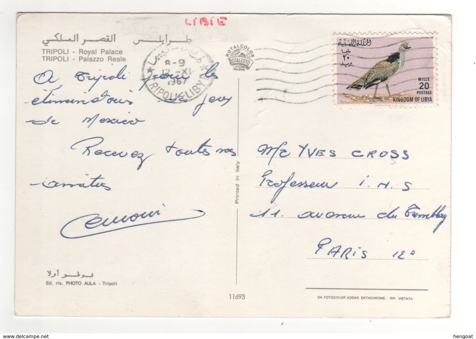 Timbre , Stamp " Oiseau (coin Inférieur Abimé)   " Sur Cp , Carte , Postcard  Du 12/10/1967 ( Pli D'angle Sur La Carte ) - Libye