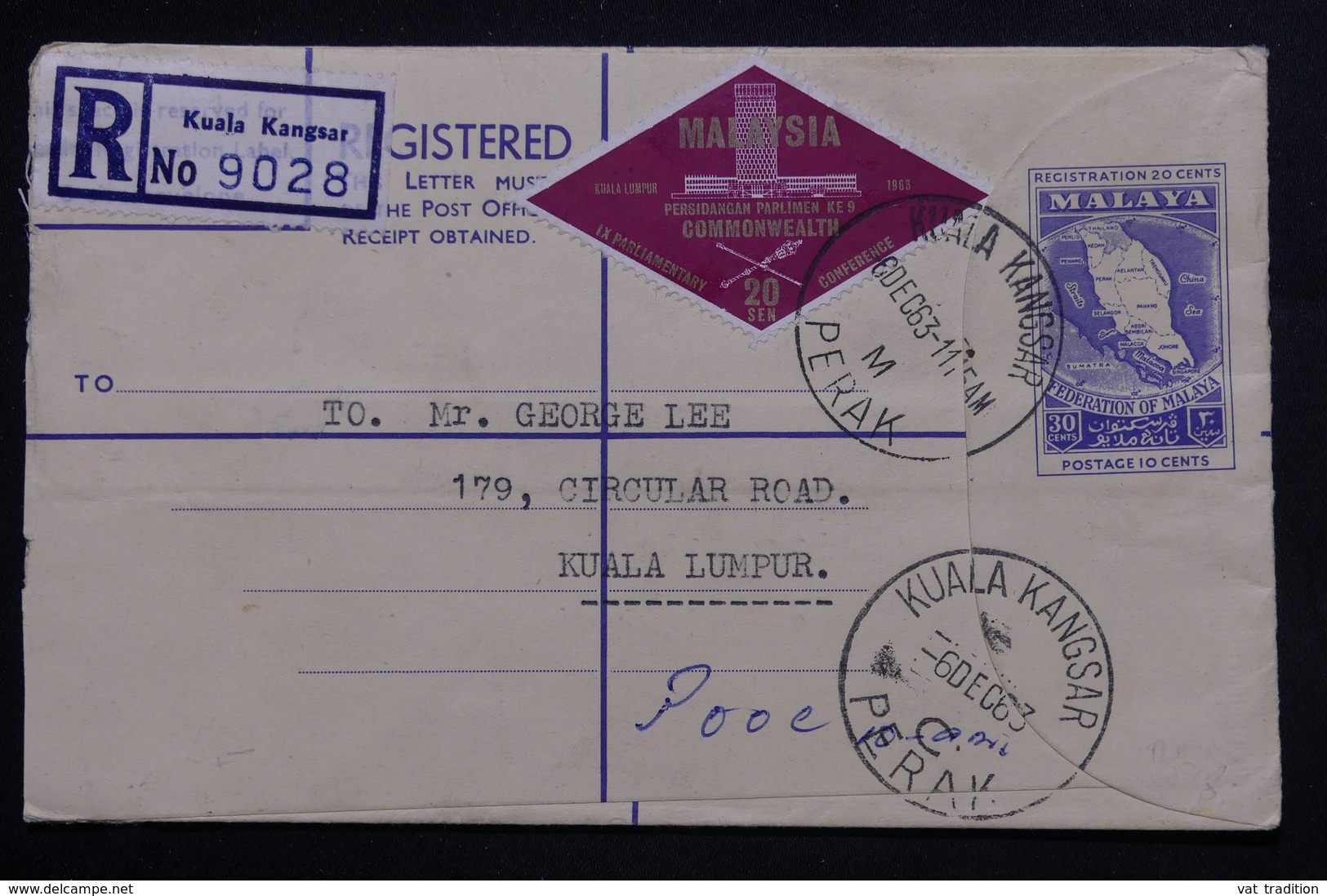 MALAISIE - Entier Postal + Complément En Recommandé De Kuala Kangsar En 1963 Pour Kuala Lumpur - L 22322 - Federation Of Malaya