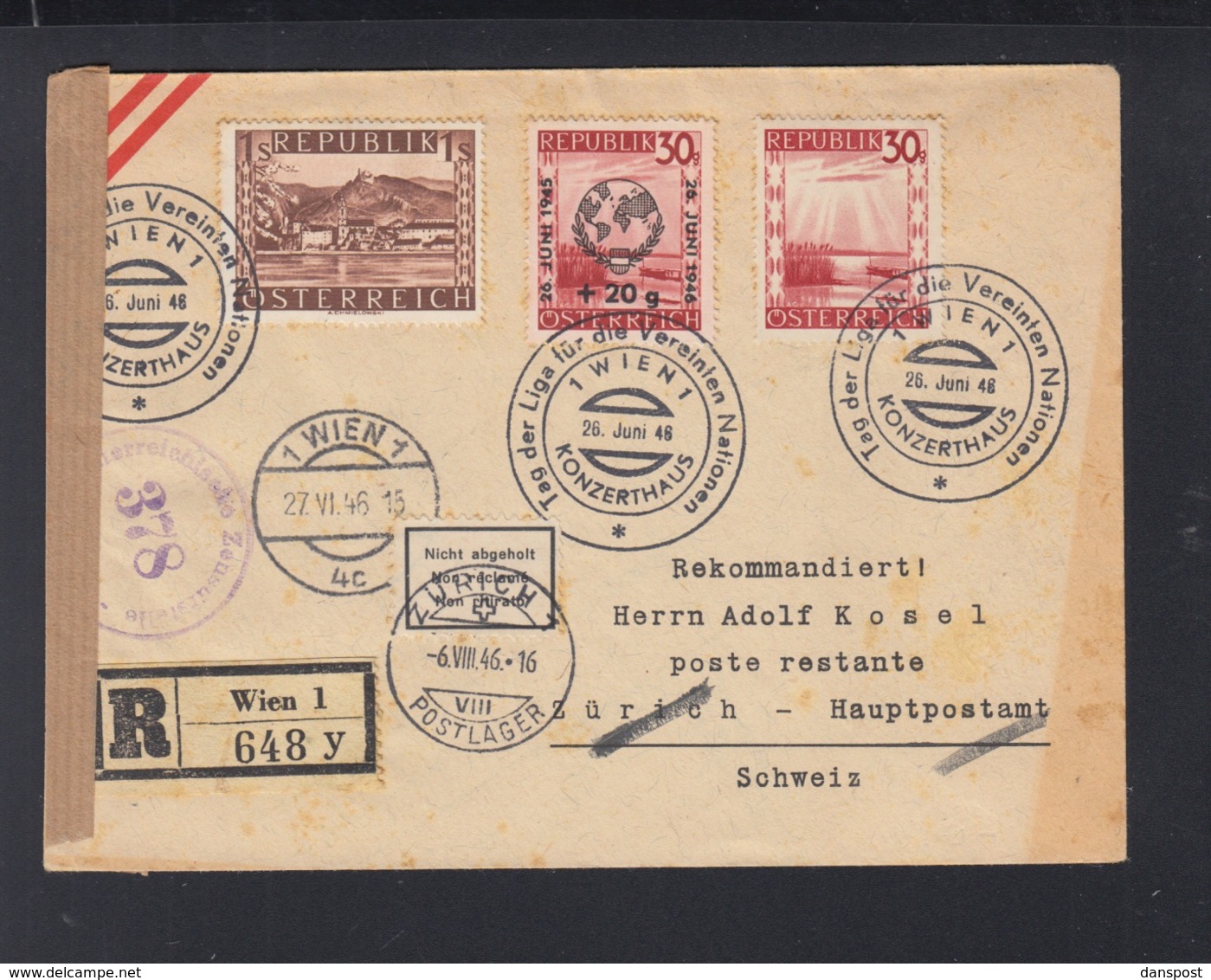 Österreich R-Brief 1946 Wien Nach Zürich Nicht Angeholt - Briefe U. Dokumente