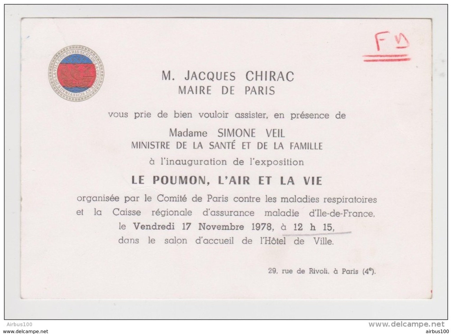 CARTON INVITATION 17 NOVEMBRE 1978 JACQUES CHIRAC MAIRE DE PARIS EN PRÉSENCE DE MADAME SIMONE VEIL MINISTRE DE LA SANTÉ - Non Classificati