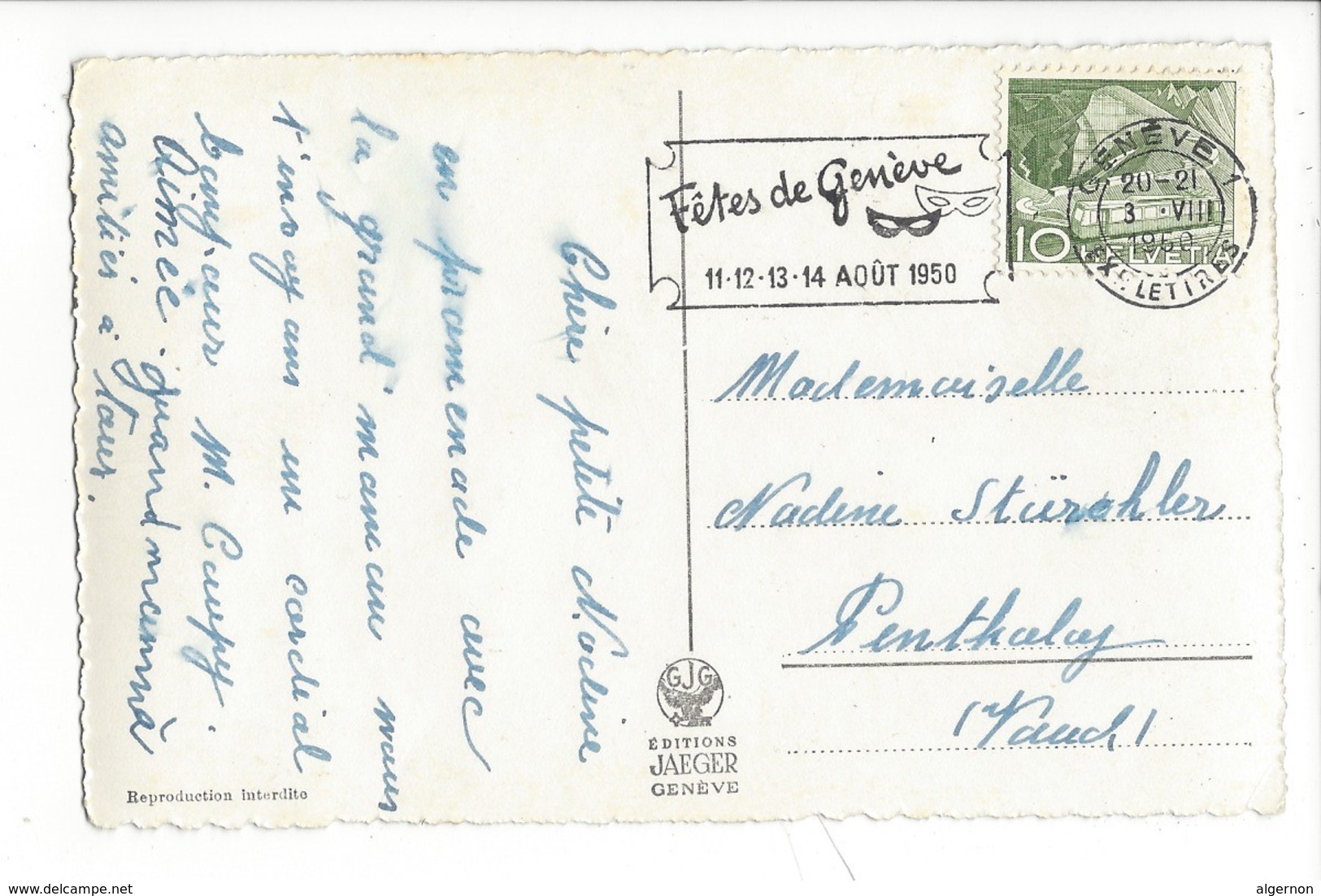 21429 -  Genève La Jetée Des Pâquis, Le Jet D'Eau + Cachet Fêtes De Genève 1950 - Genève