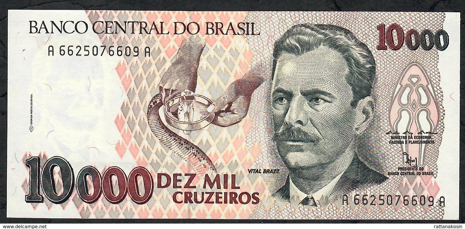 BRAZIL P233b 10000 Or 10.000 CRUZEIROS 1992  #A6625 Signature 16 UNC. - Brésil