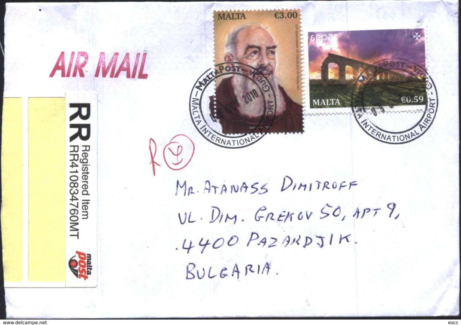 Mailed Cover (letter) With Mint Stamps Padre Pio, SEPAC 2018  From Malta To Bulgaria - Malta