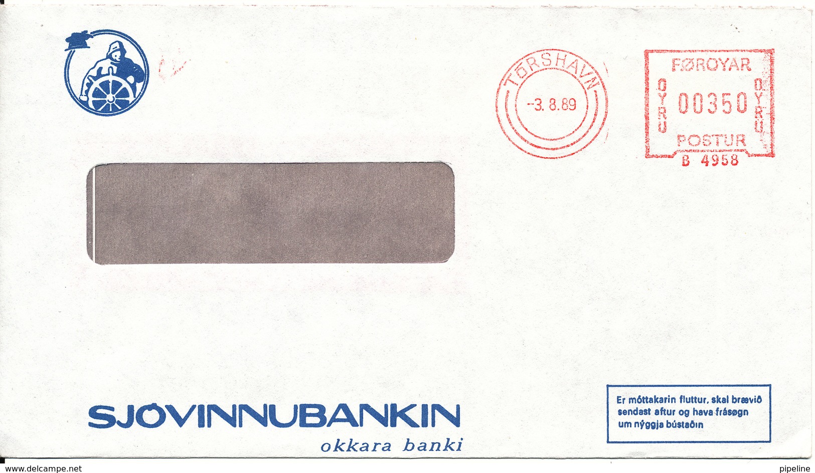 Faroe Islands Bank Cover With Meter Cancel Torshavn 3-8-1989 (Sjovinnubankin) - Faroe Islands