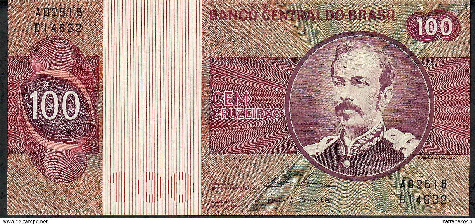 BRAZIL P195Aa 100 CRUZEIROS 1974 #A02518  Printer:Cdm-B WATERMARK = WIDE COLLAR ! Sign. Simonsen/Pereira Lira AU-UNC. - Brésil