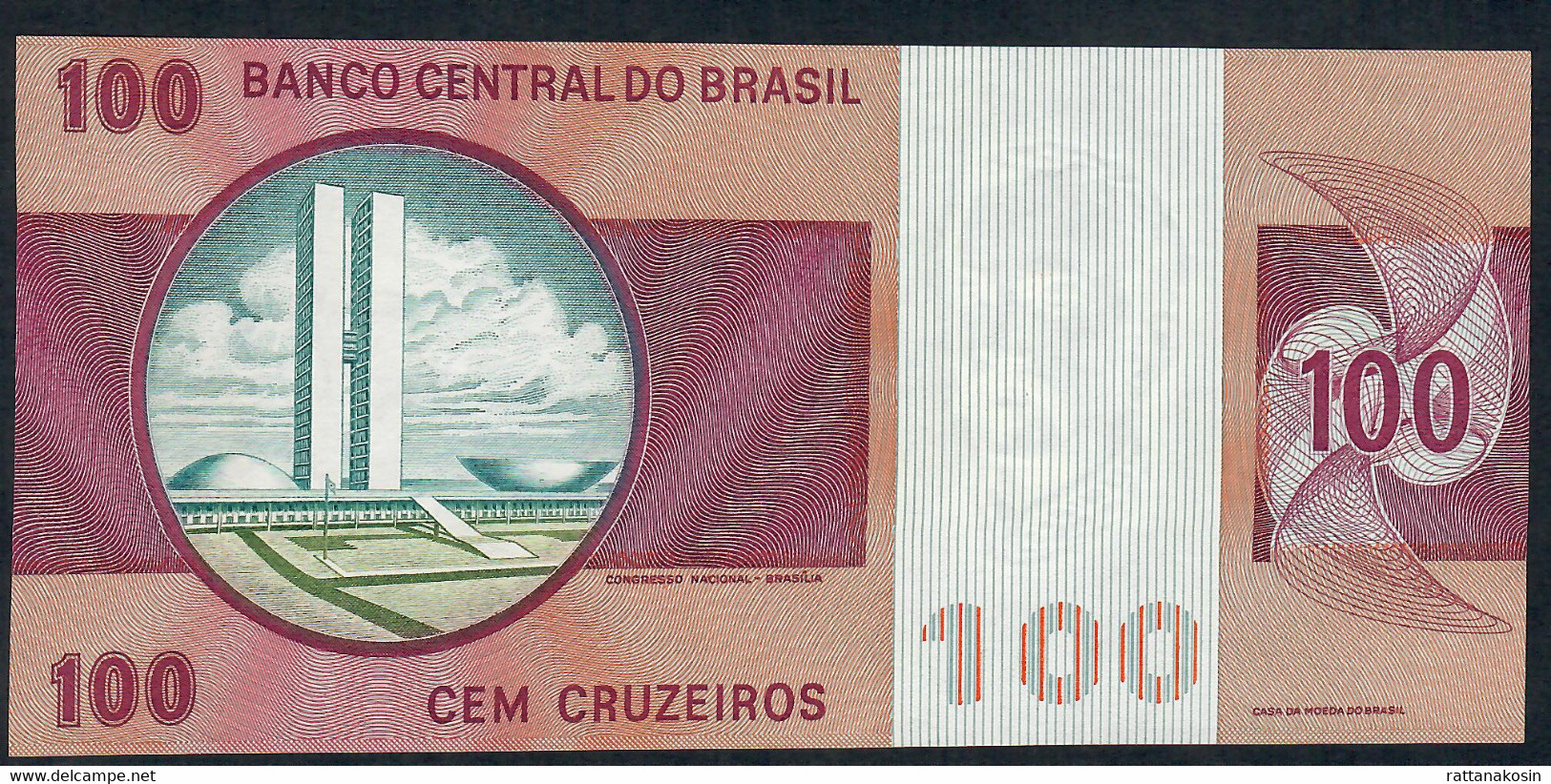 BRAZIL P195Aa 100 CRUZEIROS 1974 #A02518  Printer:Cdm-B WATERMARK = WIDE COLLAR ! Sign. Simonsen/Pereira Lira AU-UNC. - Brésil