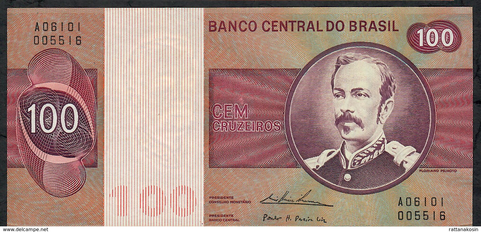 BRAZIL P195Aa 100 CRUZEIROS 1974 #A06101 Printer :Cdm-B  WATERMARK = WIDE COLLAR ! Sign. Simonsen/Pereira Lira AU-UNC. - Brésil