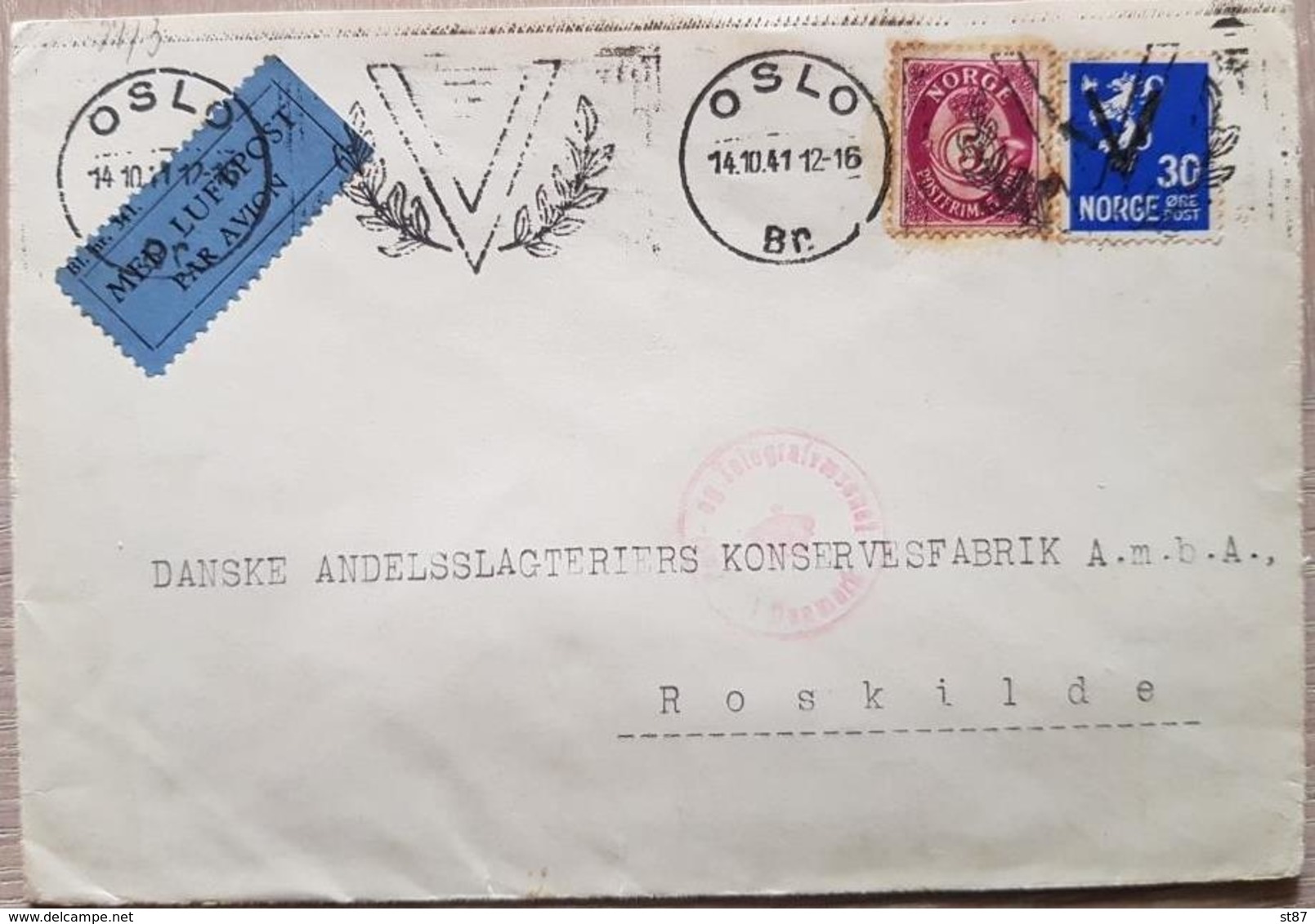 Norway Norge Oslo 1941 Luftpost Censored - Sonstige & Ohne Zuordnung