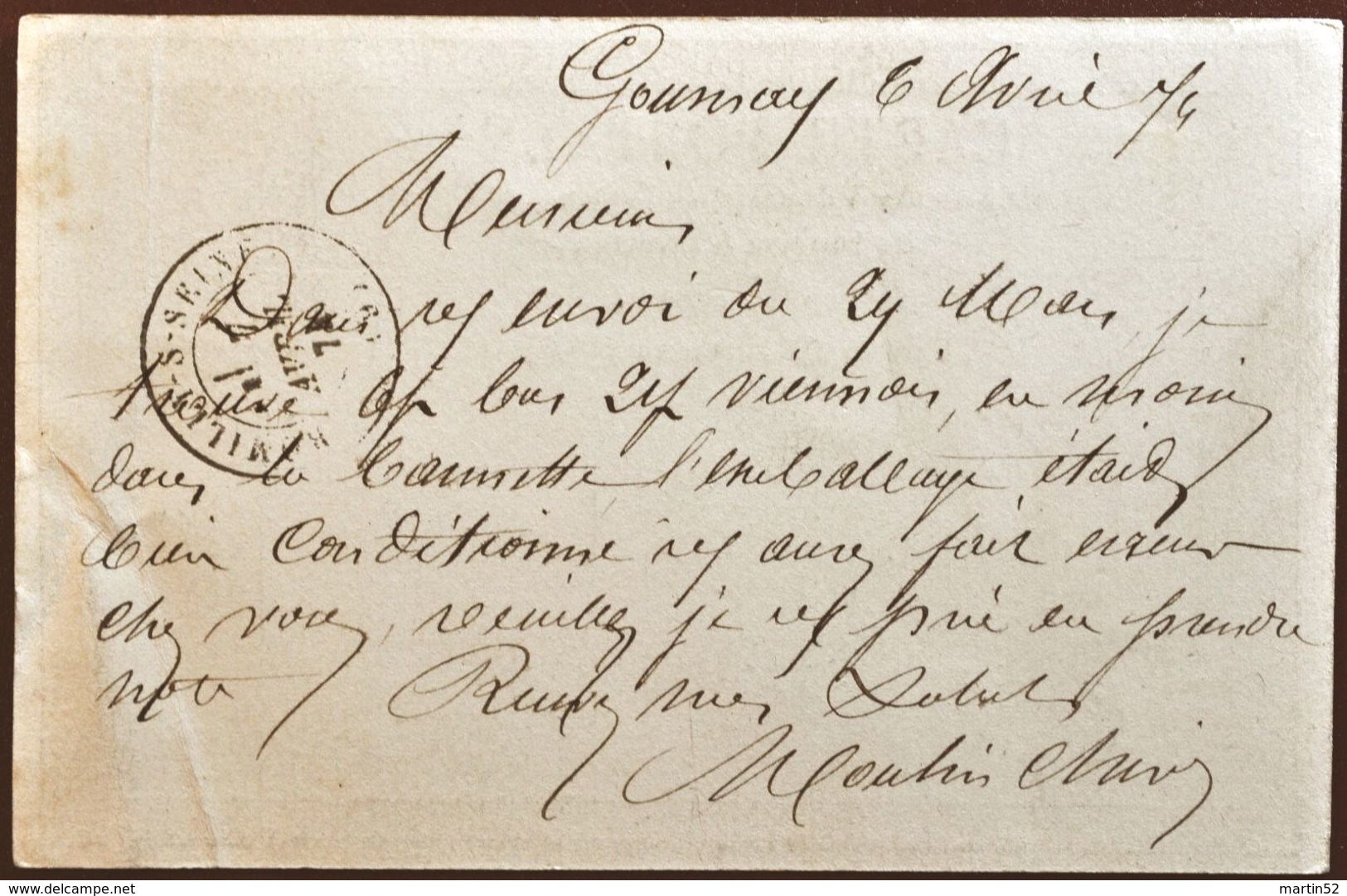 FRANCE 1874: Cérès 15C Bistre Jaune N° 55 Sur CP Avec O 1682 GOURNAY-EN-BRAYE 6 AVRIL 74 Pour ROMILLY-S-SEINE 7 AVRIL 74 - 1871-1875 Ceres