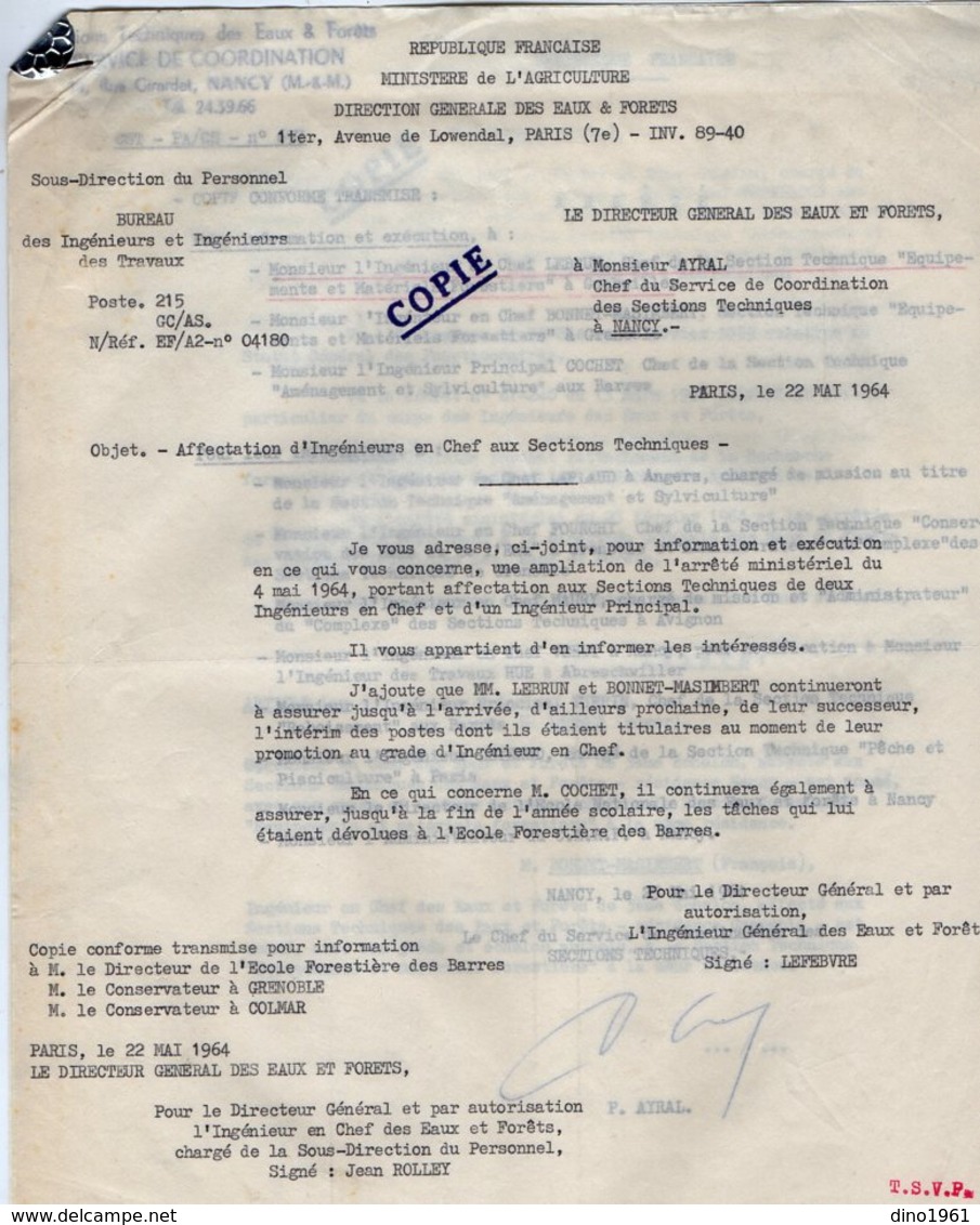 VP14.434 - PARIS 1964 - Arrêté & Lettre De Mr Le Directeur Général Des Eaux & Fôrets à Mr AYRAL Chef De Service à NANCY - Collections