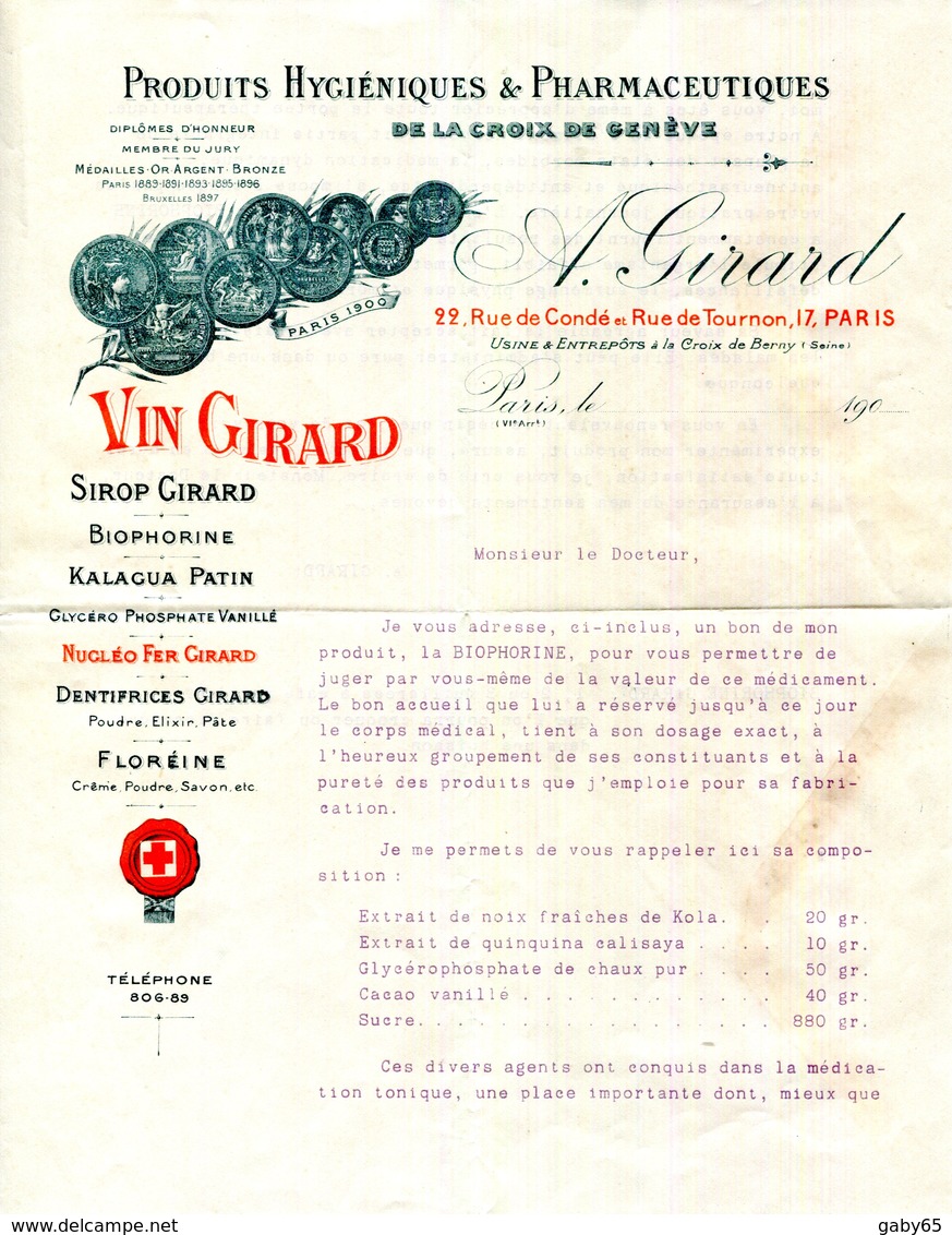 PARIS.PRODUITS HYGIENIQUES & PHARMACEUTIQUES DE LA CROIX DE GENEVE.A.GIRARD 22 RUE DE CONDE. - Chemist's (drugstore) & Perfumery