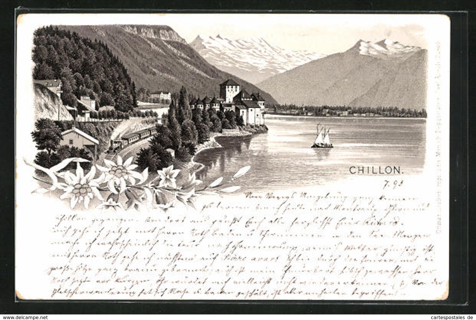 Vorläufer-Lithographie Veytaux, 1893, Schloss Chillon Mit See Und Gebirge - Veytaux