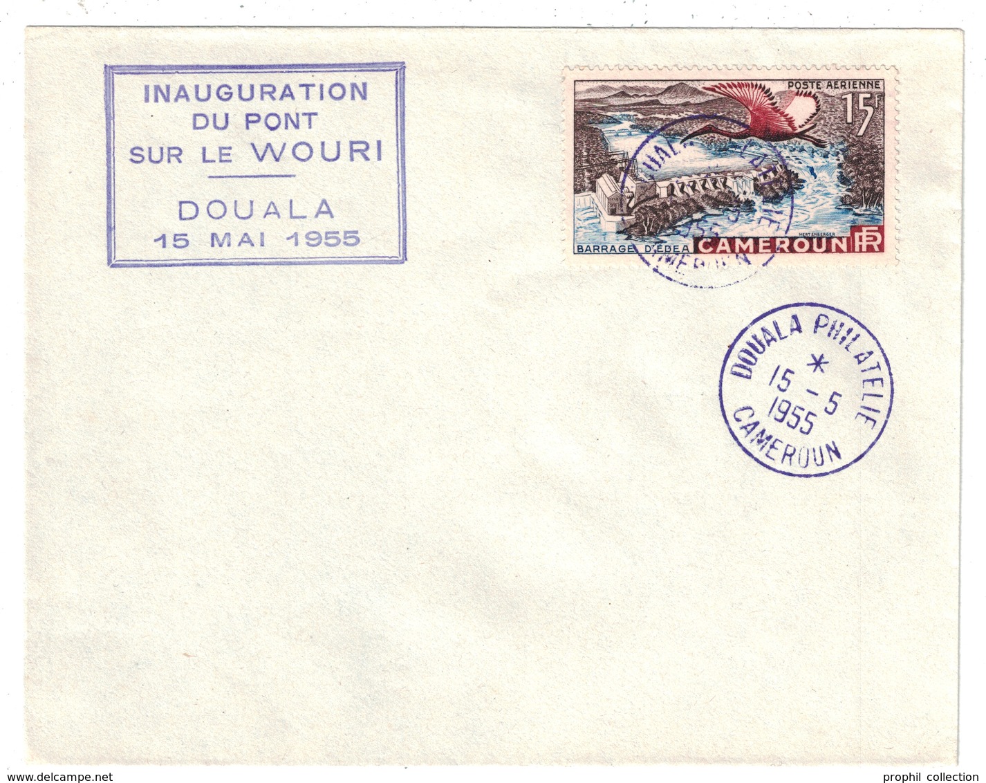 CAMEROUN TIMBRE PA N° 43 BARRAGE SUR LETTRE DE DOUALA GRIFFE " INAUGURATION DU PONT SUR LE WOURI / 15 MAI 1955 " - Lettres & Documents