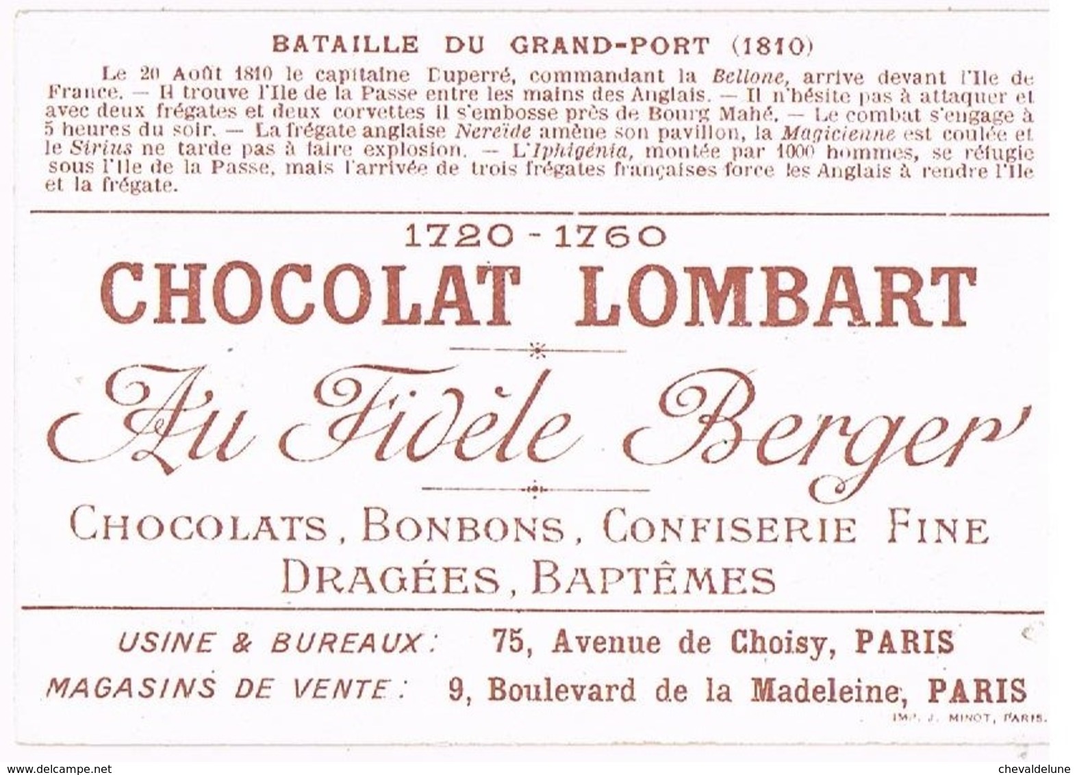 - 12 - CHROMO CHOCOLAT LOMBART "AU FIDELE BERGER" : LA MARINE - Lombart