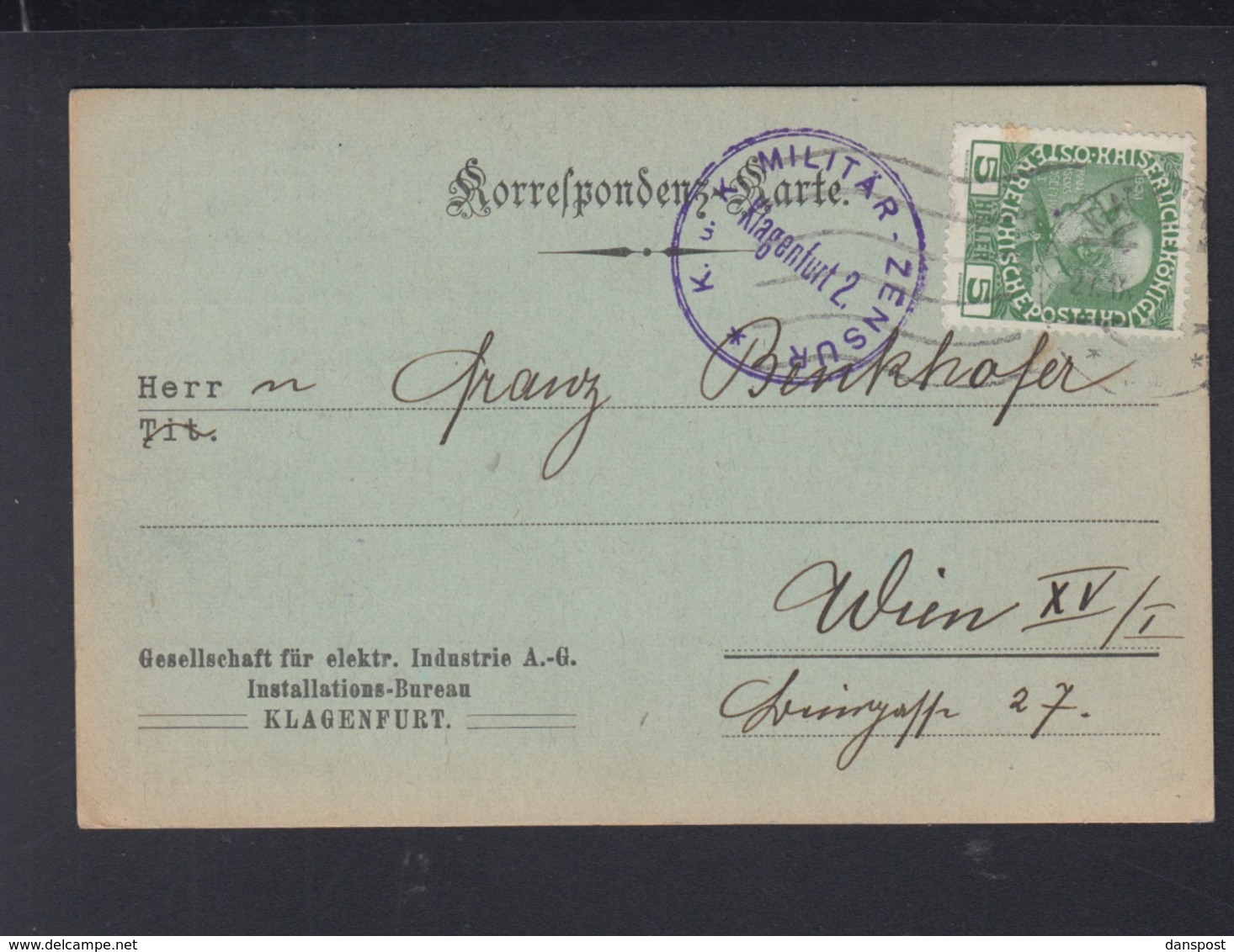KuK PK 1915 Ges. Für Elektr. Industrie AG Klagenfurt - Briefe U. Dokumente