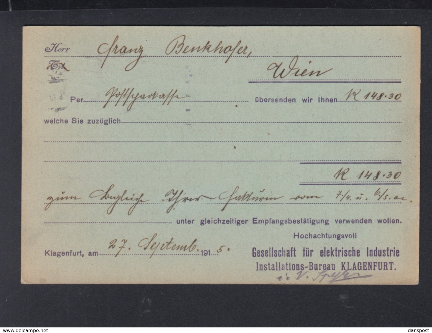 KuK PK 1915 Ges. Für Elektr. Industrie AG Klagenfurt - Briefe U. Dokumente