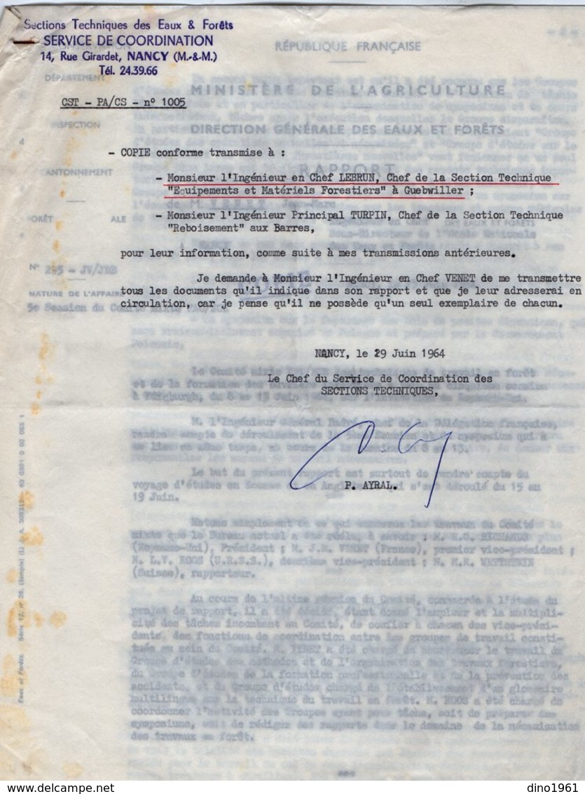 VP14.435 - NANCY 1964 - Lettre De Mr AYRAL Chef .... & Rapport De Mr VENET Ingénieur En Chef Des Eaux & Fôrets - Collections