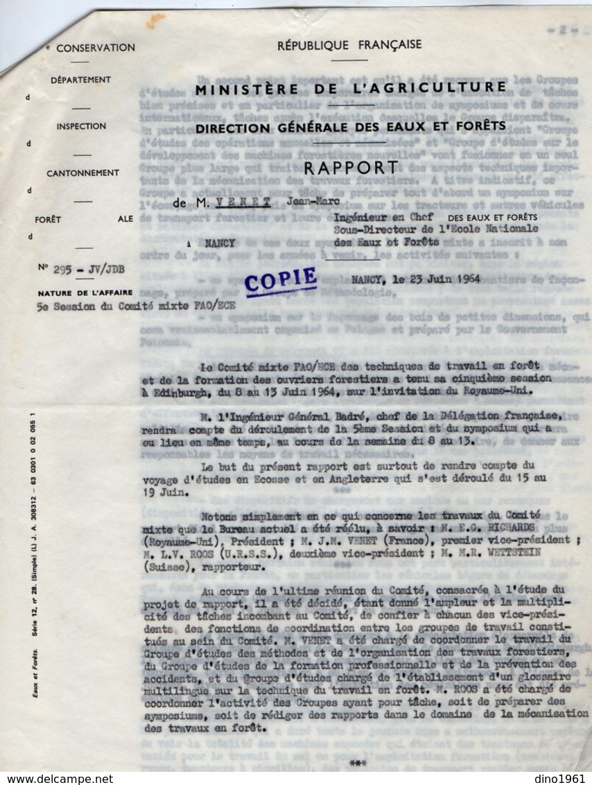 VP14.435 - NANCY 1964 - Lettre De Mr AYRAL Chef .... & Rapport De Mr VENET Ingénieur En Chef Des Eaux & Fôrets - Collections