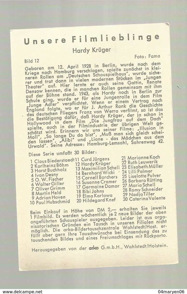 *1 X  FILM/Chromo-photo *HARDY  KRÜGER  *--------------"" UNSERE  FILMLIEBLINGE  ""-nr.: 12 - Photos