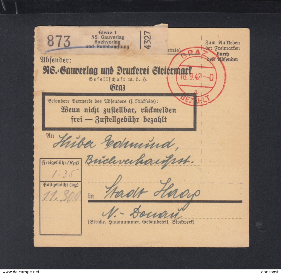 Österreich Paketkarte 1942 NS-Gauverlag Graz - Briefe U. Dokumente