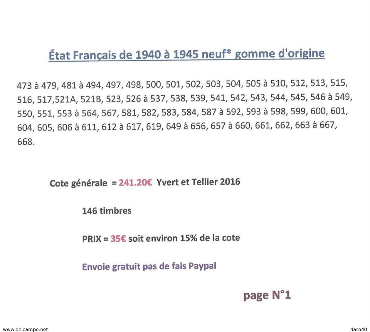 Un Lot De 146 Timbres État Français Neuf* De 1940 à 1945 Gomme D'origine TB - Neufs