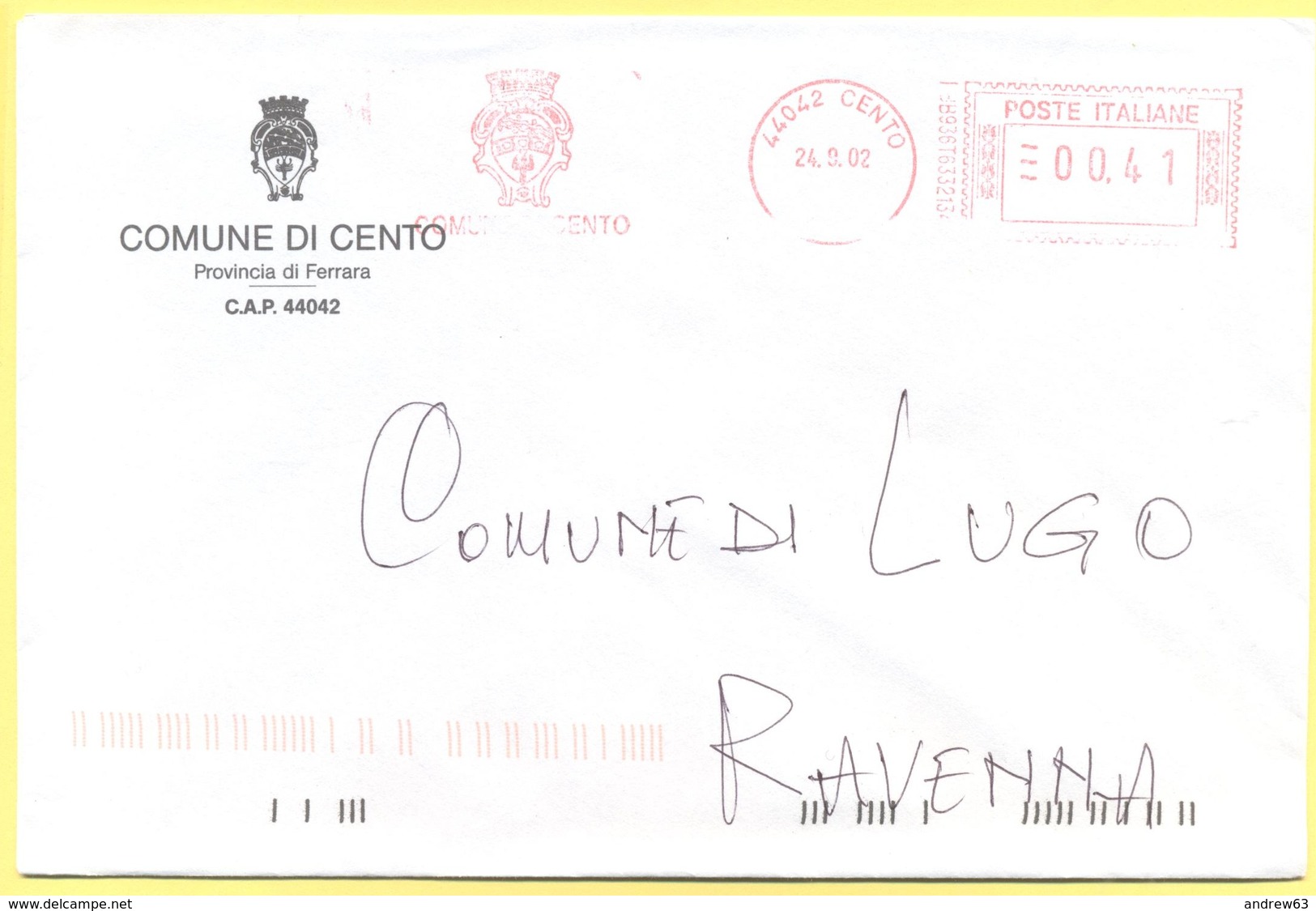 ITALIA - ITALY - ITALIE - 2002 - 00,41 EMA, Red Cancel - Comune Di Cento - Viaggiata Da Cento Per Lugo - Macchine Per Obliterare (EMA)