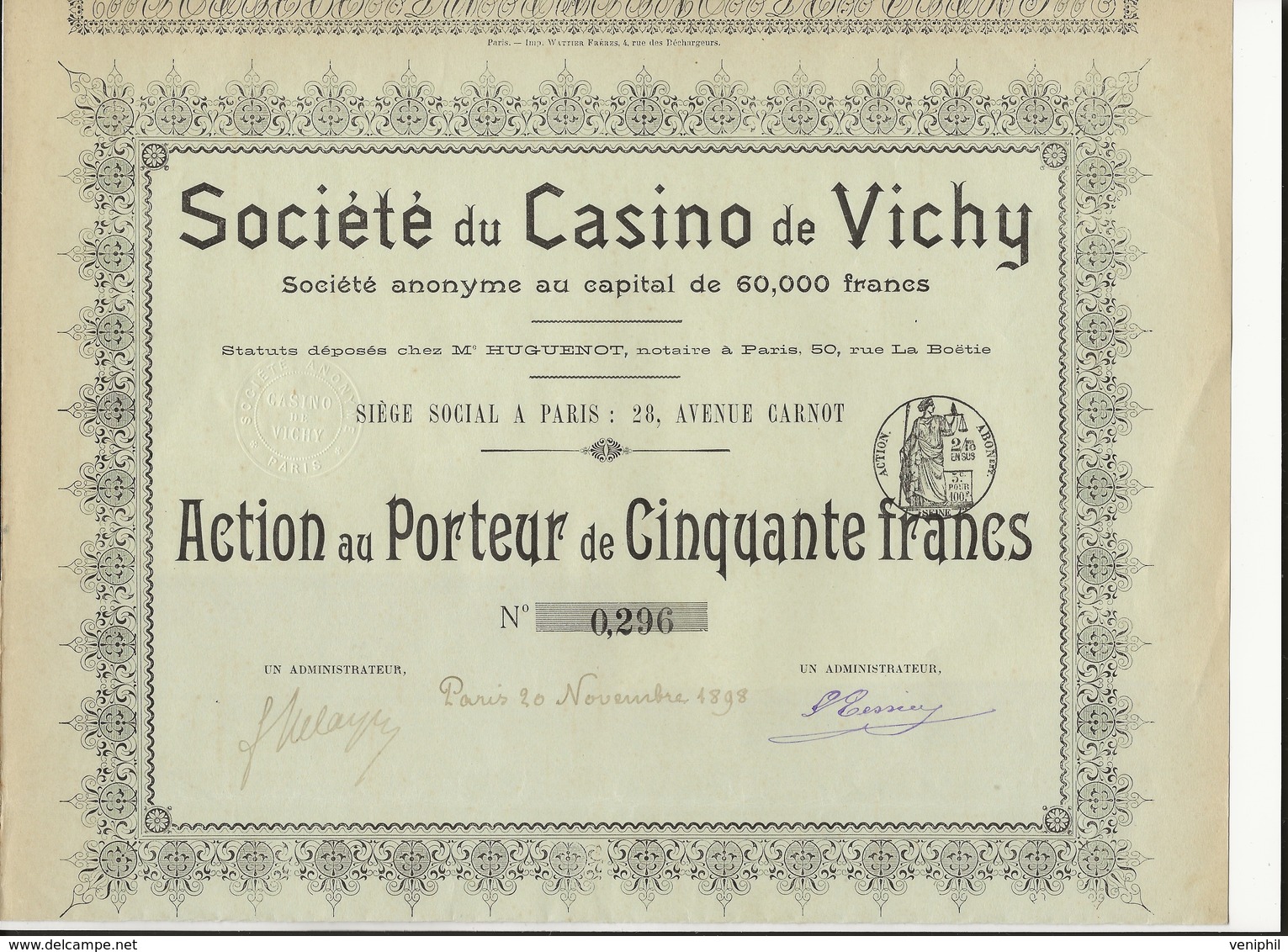 ACTION DE 50 FRANCS - SOCIETE DU CASINO DE VICHY - ANNEE 1898 - Casino