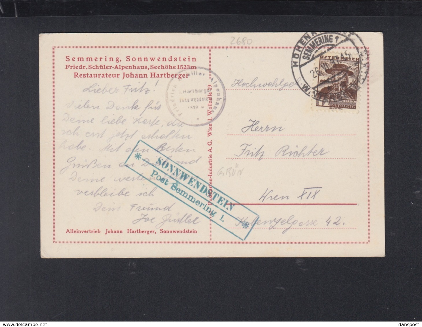 Österreich PK 1937 Semmering Sonnwendstein Friedr. Schüler Alpenhaus - Storia Postale