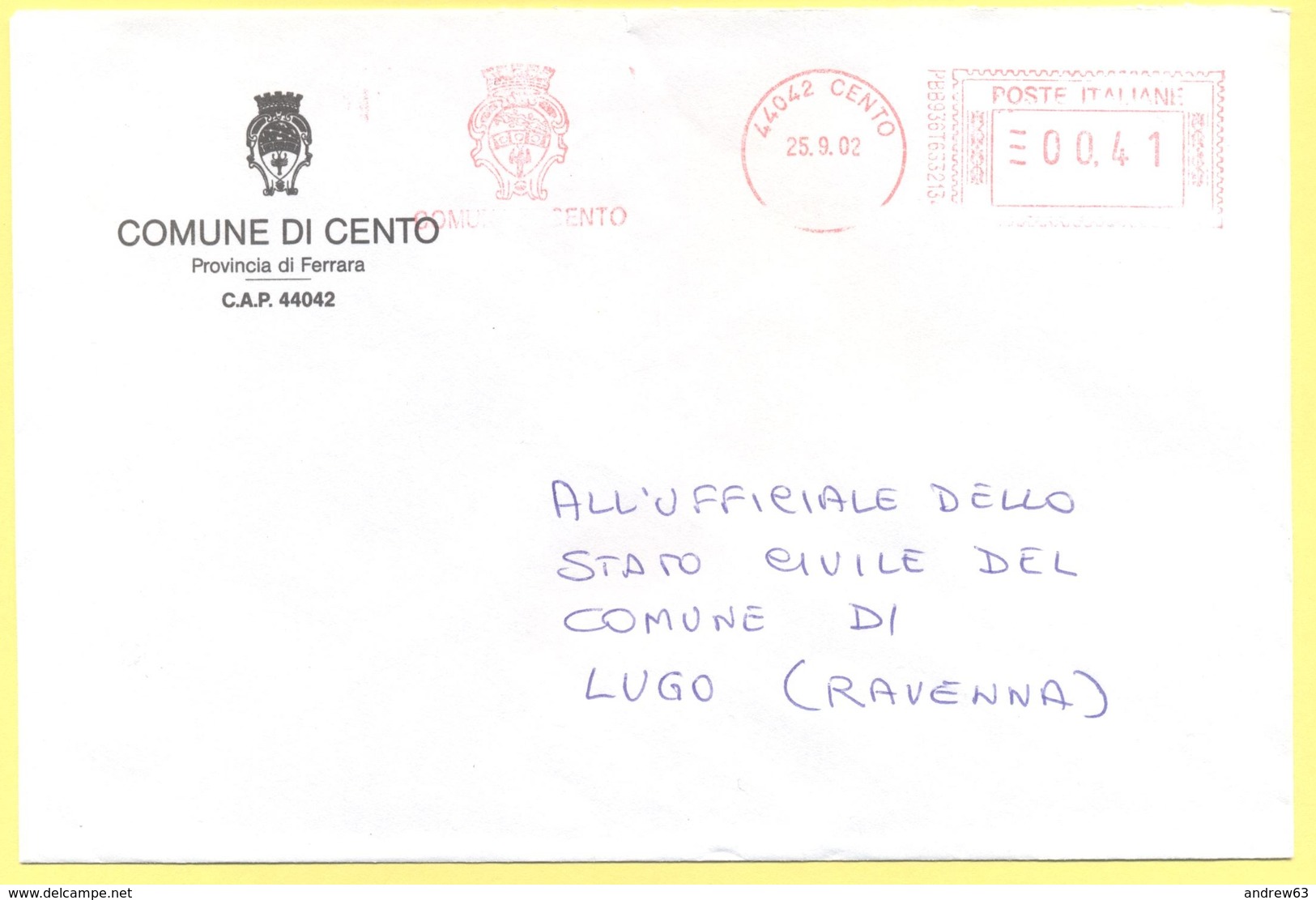 ITALIA - ITALY - ITALIE - 2002 - 00,41 EMA, Red Cancel - Comune Di Cento - Viaggiata Da Cento Per Lugo - Macchine Per Obliterare (EMA)