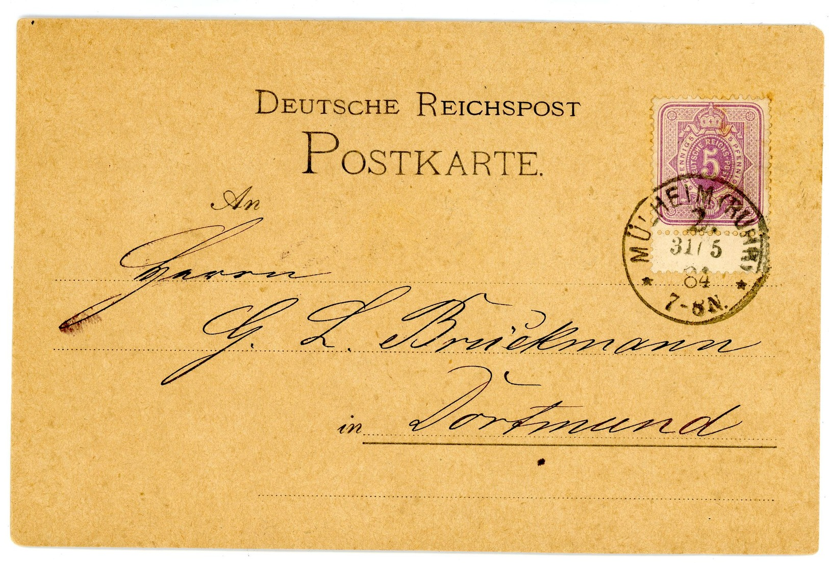 Nr. 40 EF Mit Zwischenstegansatz Postkarte "Mülheim - Dortmund" Klarer K 1 - Briefe U. Dokumente