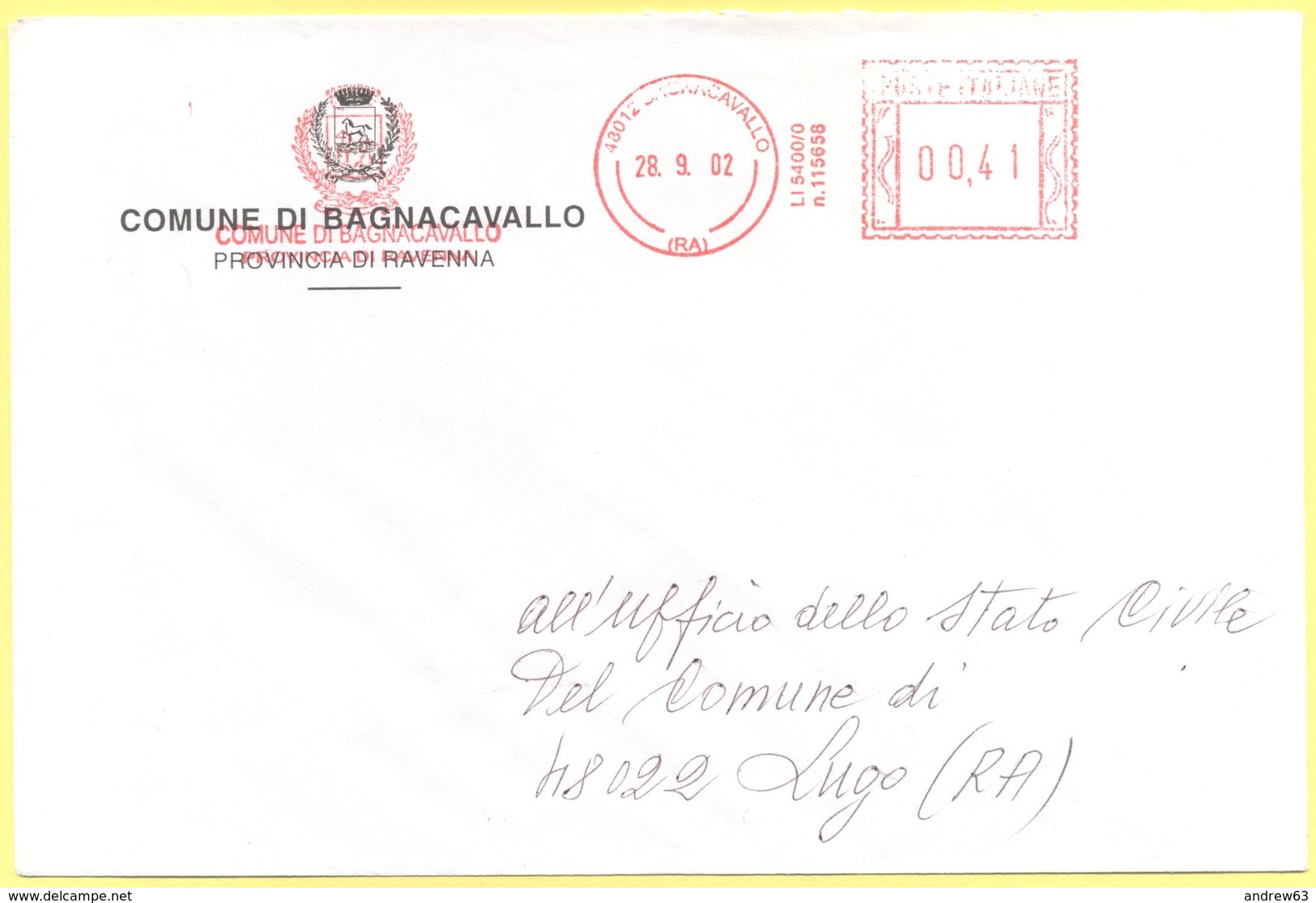 ITALIA - ITALY - ITALIE - 2002 - 00,41 EMA, Red Cancel - Comune Di Bagnacavallo - Viaggiata Da Bagnacavallo Per Lugo - Macchine Per Obliterare (EMA)