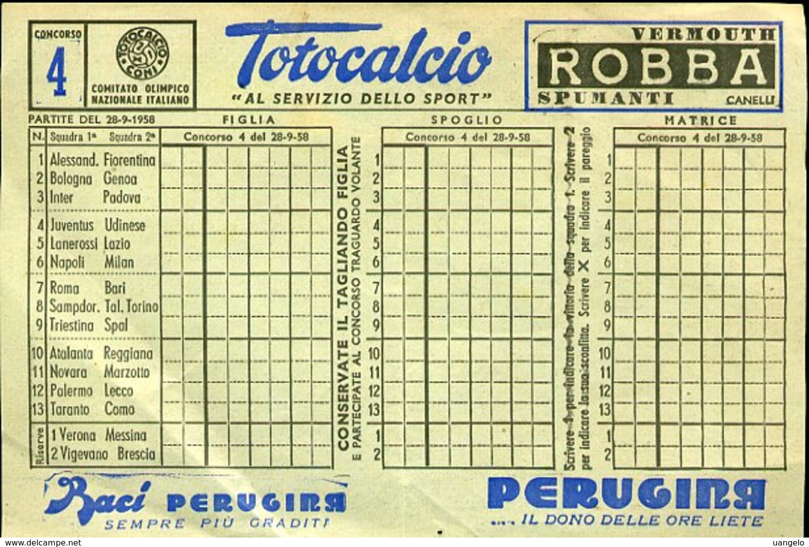 V5 SCHEDINA TOTOCALCIO 1958 CONCORSO N° 4 , PUB. PERUGINA - Diplomi E Pagelle