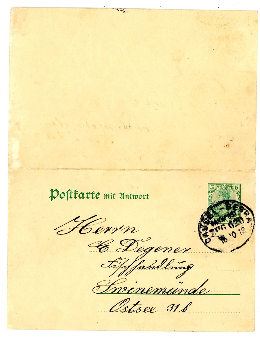 P 81 Antwort PK Bahnpoststempel "CASSEL-BEBRA" 1812 Nach Swinemünde - Autres & Non Classés