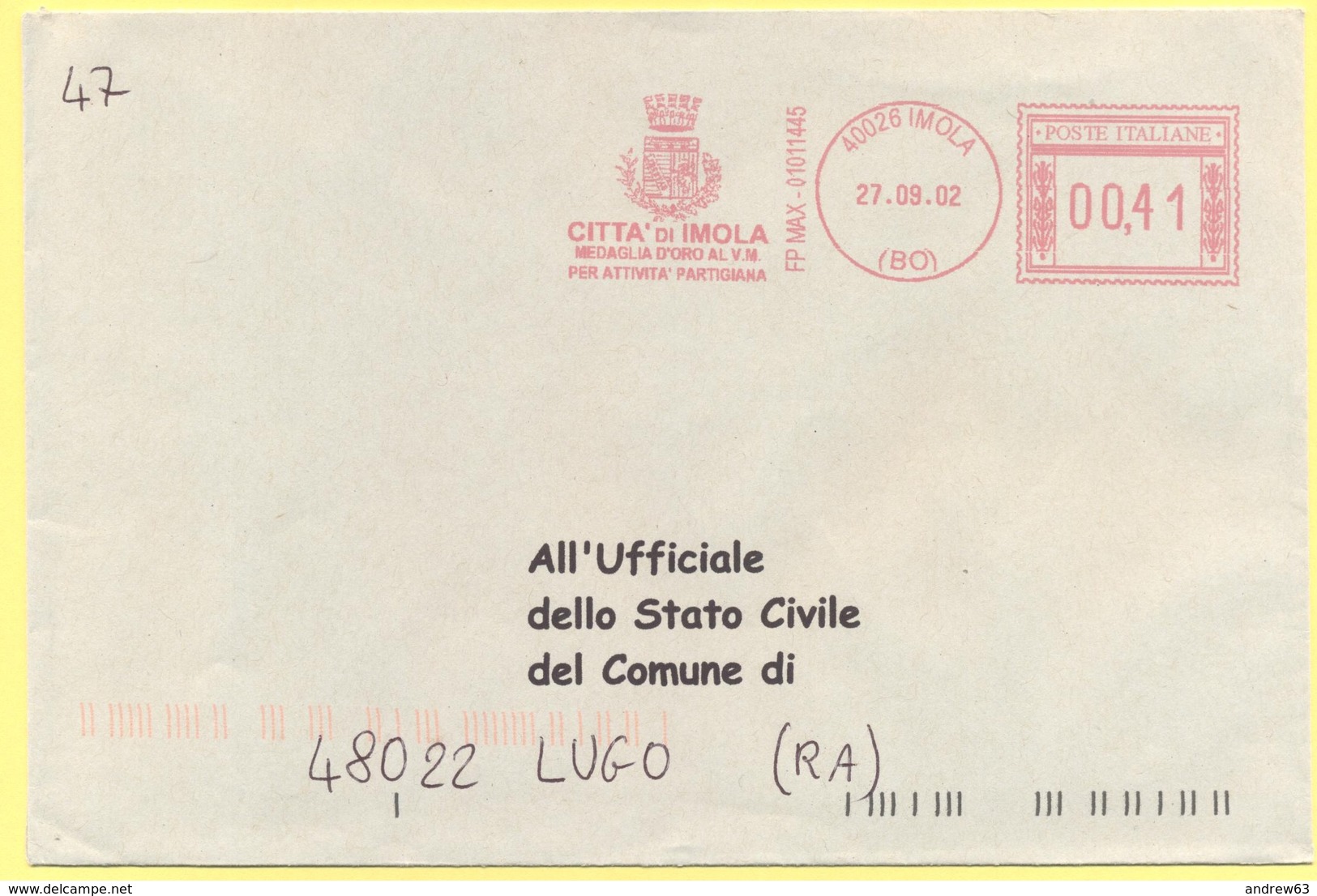 ITALIA - ITALY - ITALIE - 2002 - 00,41 EMA, Red Cancel - Città Di Imola - Viaggiata Da Imola Per Lugo - Macchine Per Obliterare (EMA)