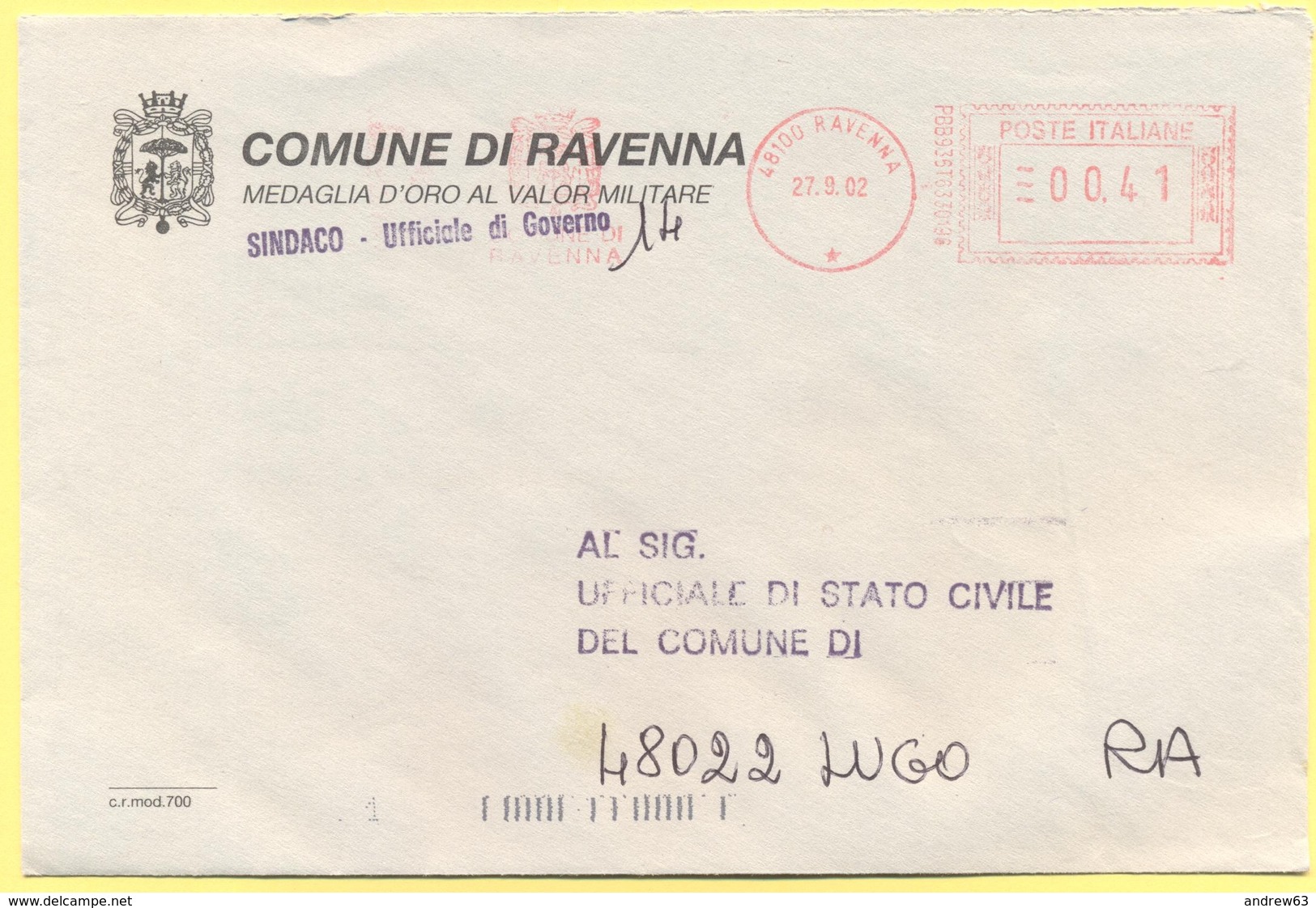 ITALIA - ITALY - ITALIE - 2002 - 00,41 EMA, Red Cancel - Comune Di Ravenna - Viaggiata Da Ravenna Per Lugo - Macchine Per Obliterare (EMA)