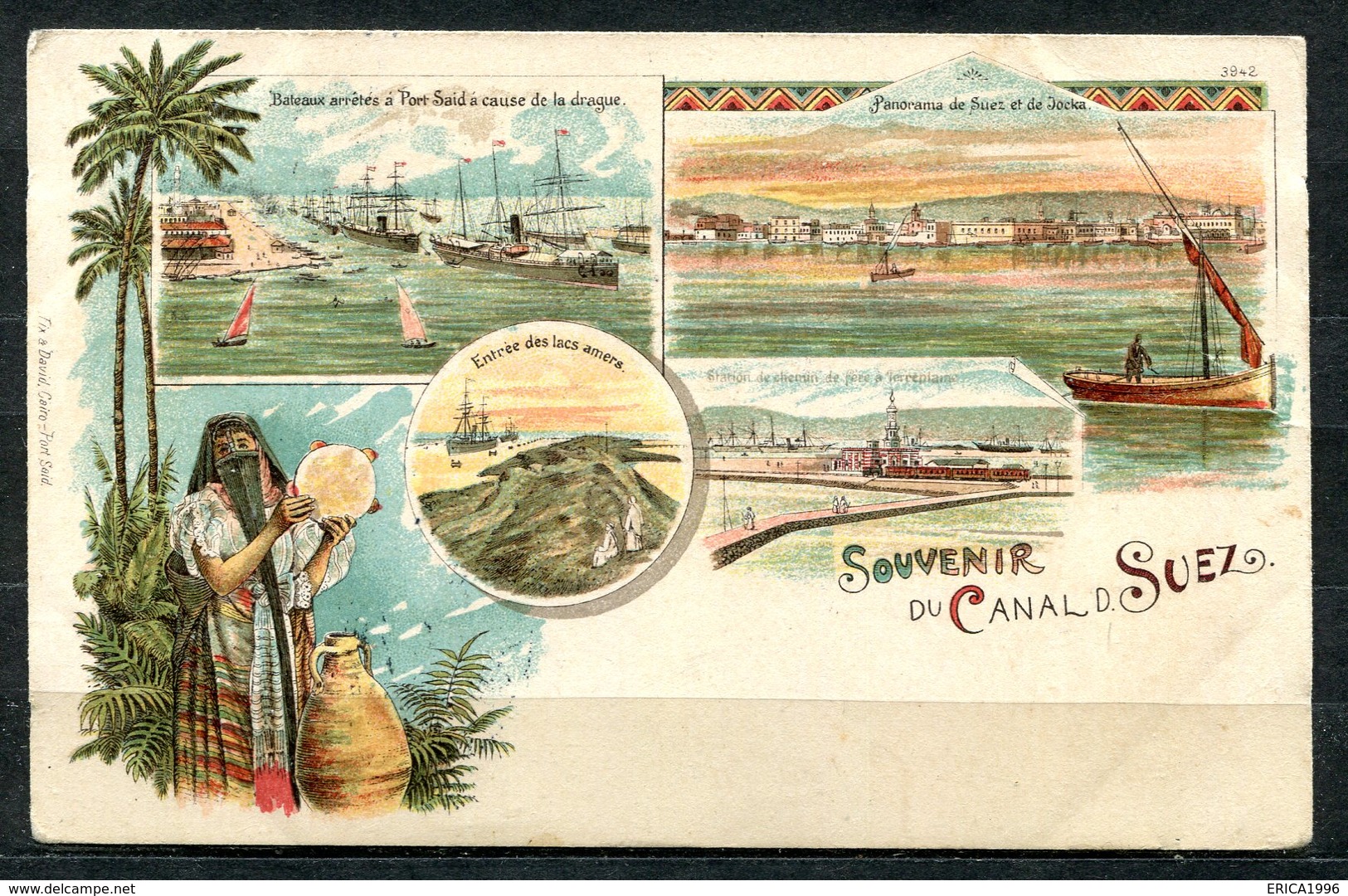 CARTOLINA CV2388 EGITTO EGYPT Souvenir Du Canal De Suez, Tipo Gruss Aus, 1901, Viaggiata Per L'Italia, Formato Piccolo, - Suez