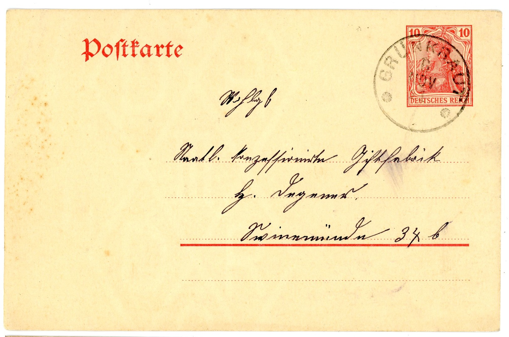 P 79 Postkarte Aus "GRÜNKRAUT" Guter K 1 Nach Swinemünde 1911 - Sonstige & Ohne Zuordnung