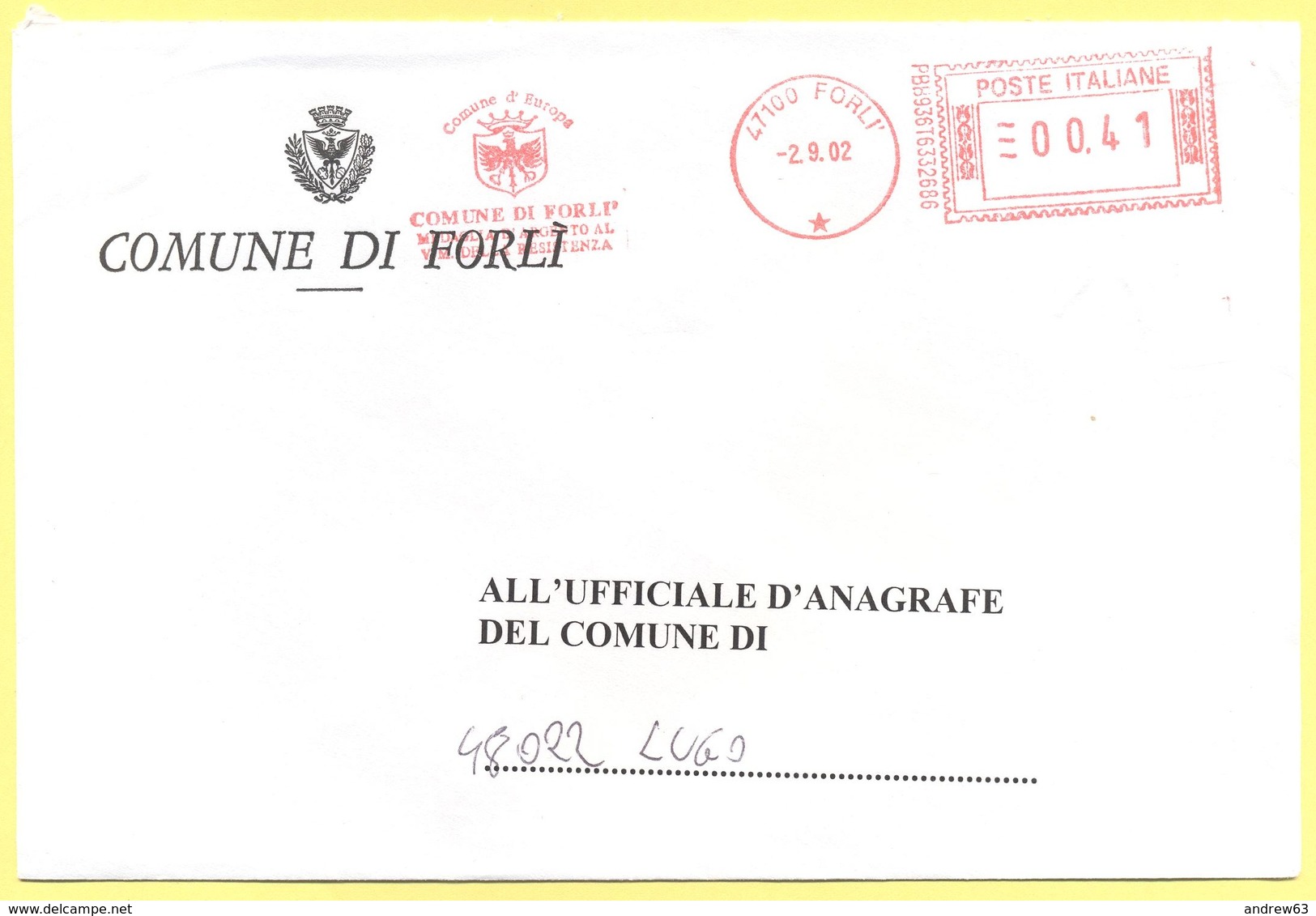 ITALIA - ITALY - ITALIE - 2002 - 00,41 EMA, Red Cancel - Comune Di Forlì - Viaggiata Da Forlì Per Lugo - Macchine Per Obliterare (EMA)