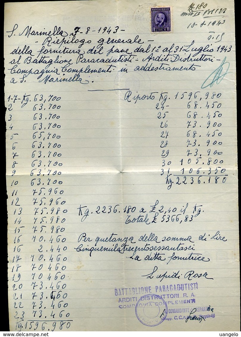 V9 S MARINELLA 1943 , FATTURA PER PANE AL BATTAGLIONE PARACADUTISTI ARDITI DISTRUTTORI - Italia