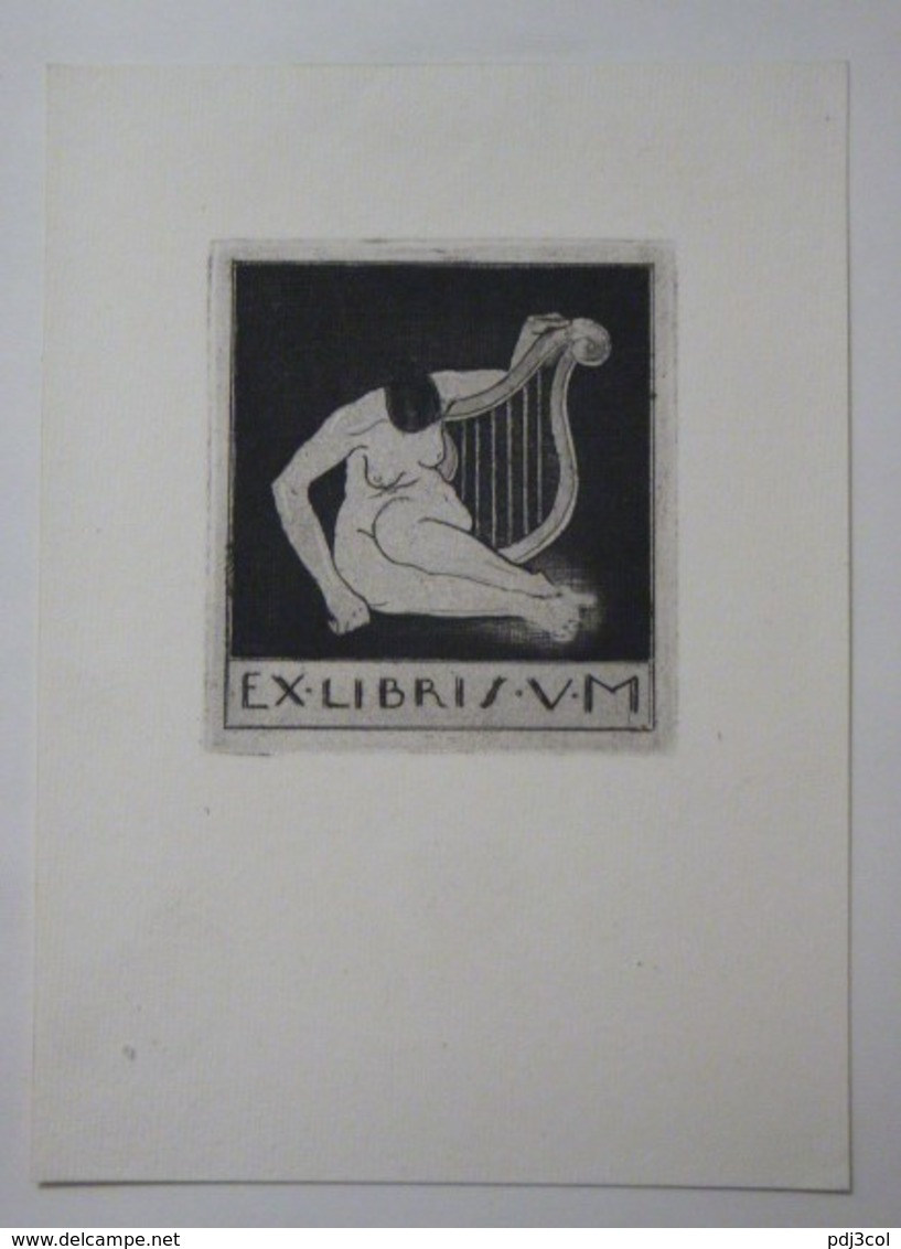 Ex-libris Illustré Tchecoslovaquie XXème - V.M. - Femme Nue à La Harpe - Ex-libris