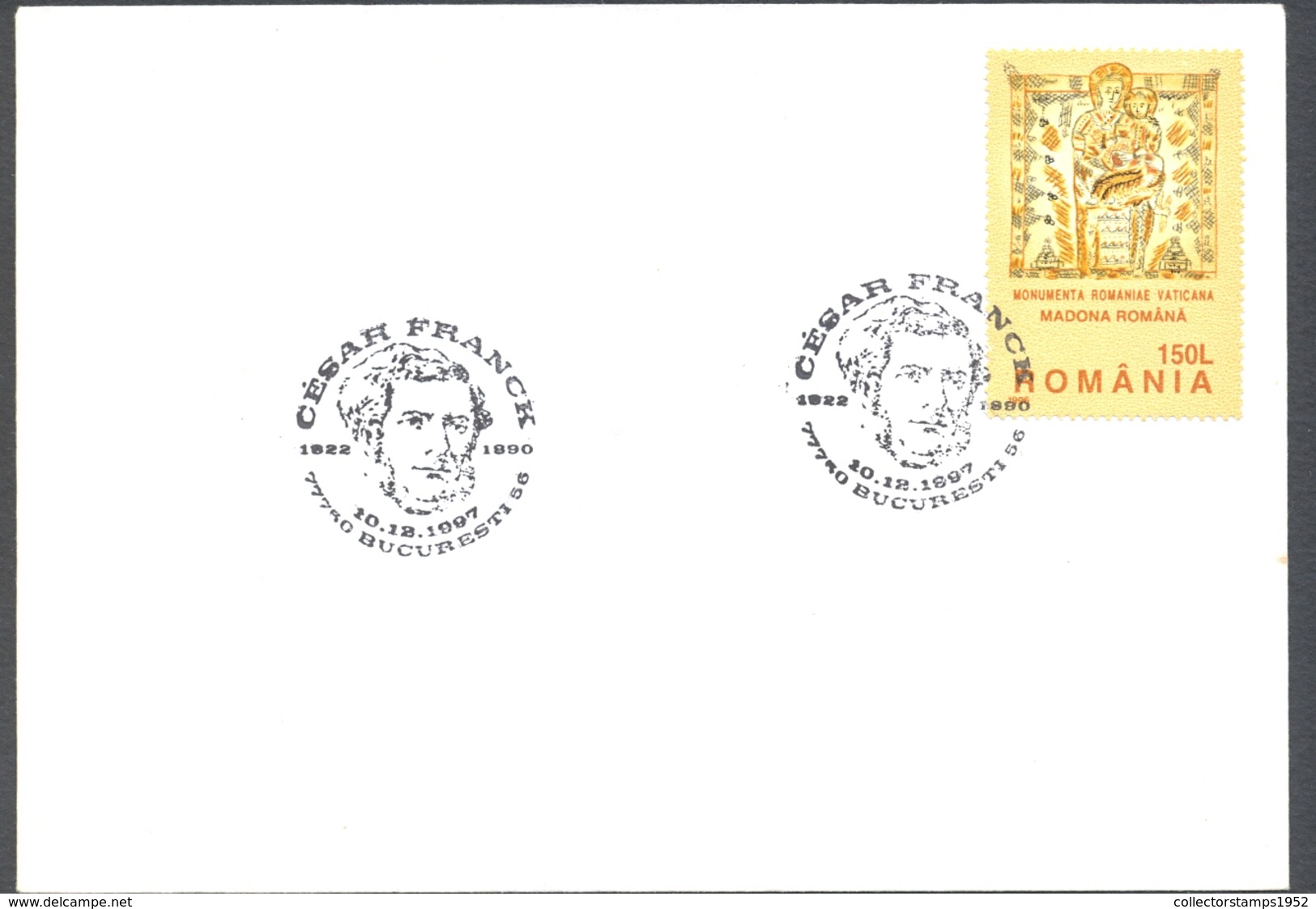 76111- CESAR FRANCK, COMPOSER, MUSIC, SPECIAL POSTMARK ON COVER, MADONNA AND BABY JESUS ICON STAMP, 1997, ROMANIA - Musik