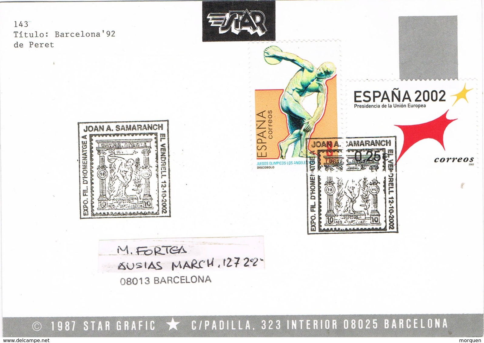 31477. Tarjeta EL VENDRELL (Tarragona) 2002. Homenaje SAMARANCH, Deporte - Cartas & Documentos