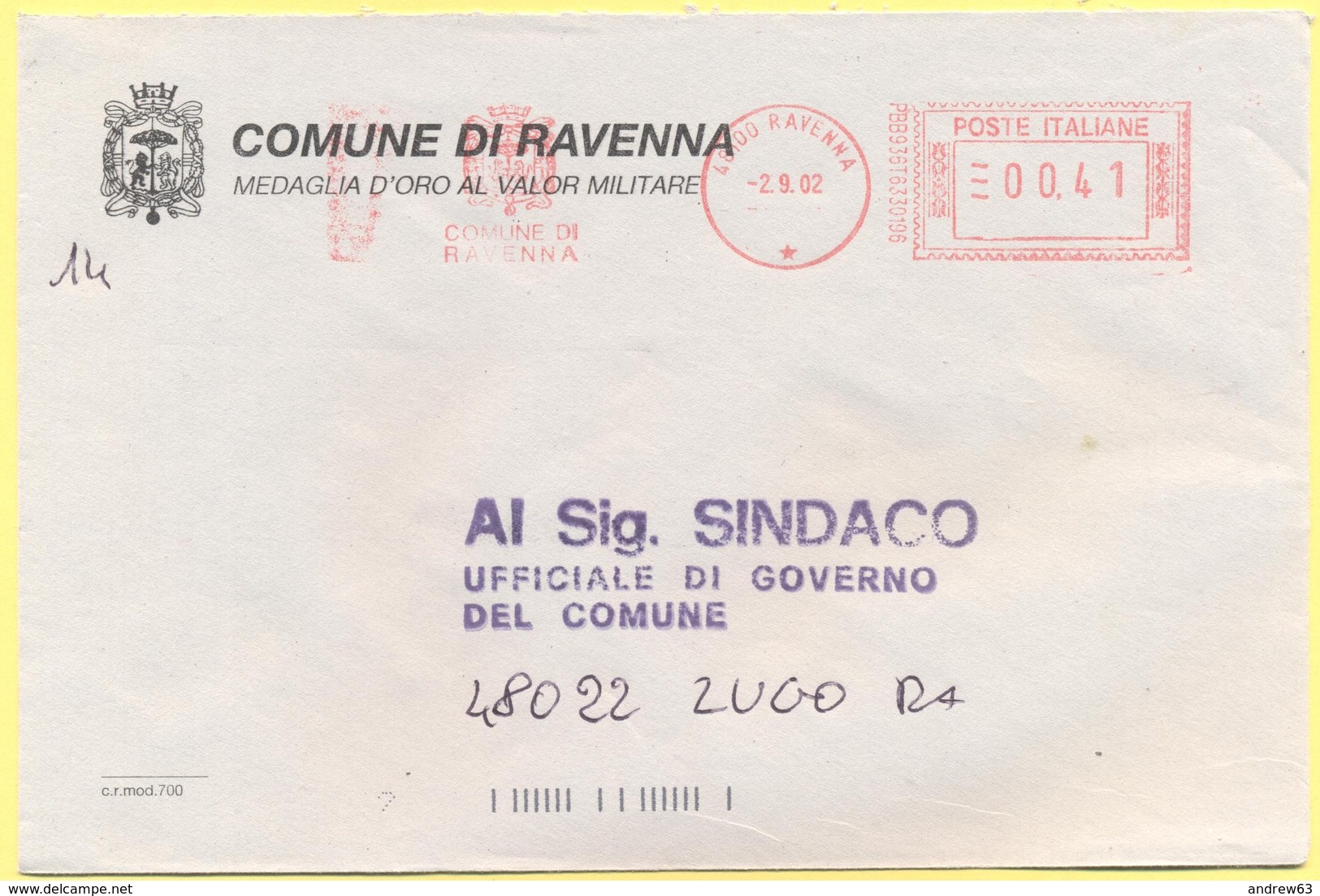 ITALIA - ITALY - ITALIE - 2002 - 00,41 EMA, Red Cancel - Comune Di Ravenna - Viaggiata Da Ravenna Per Lugo - Macchine Per Obliterare (EMA)