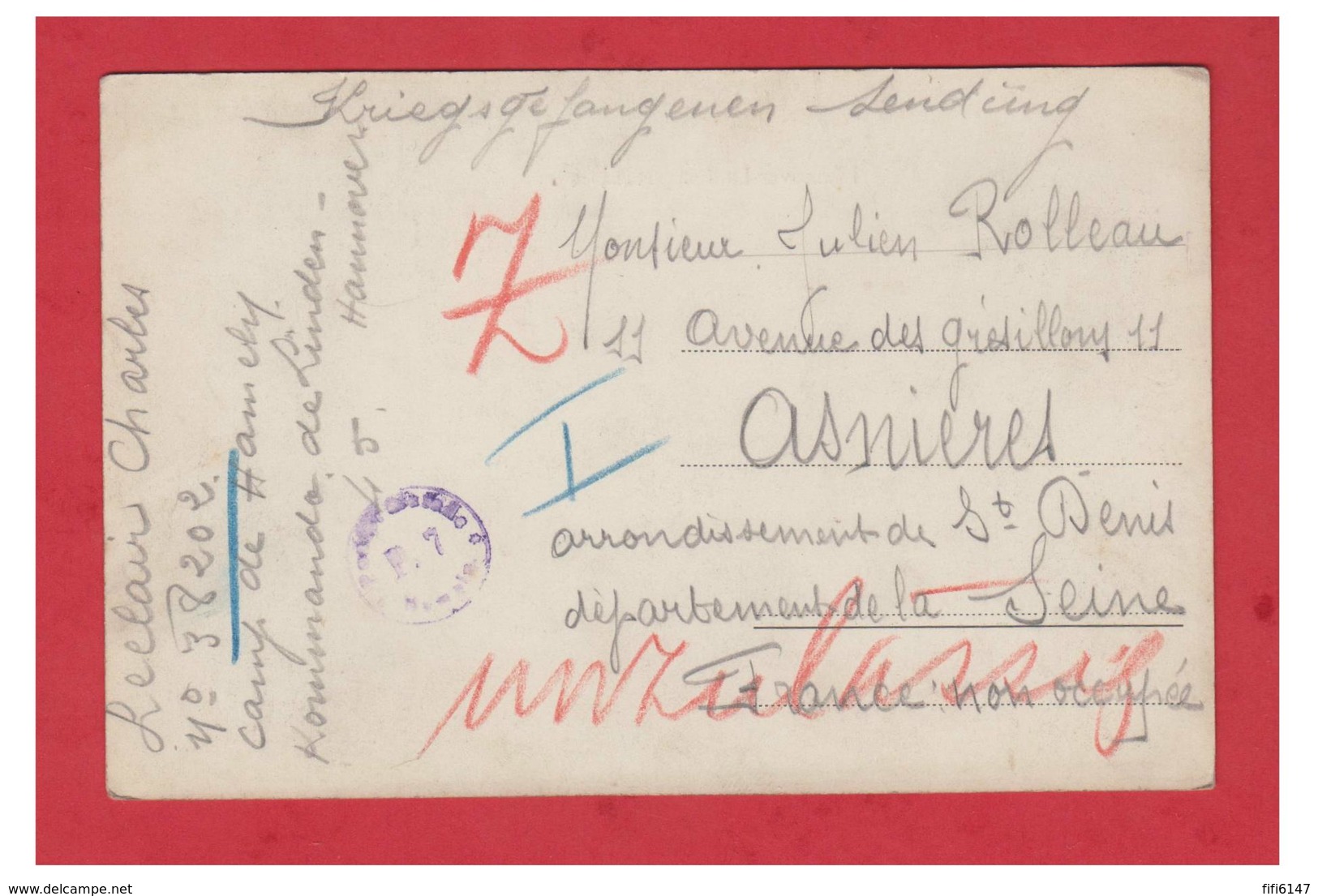 FRANCE -- ALLEMAGNE -- WW1 --CARTE DE PRISONIER DE GUERRE -- CAMP DE HAMELN -- 14/18--CENSURE -- - Guerre 1939-45