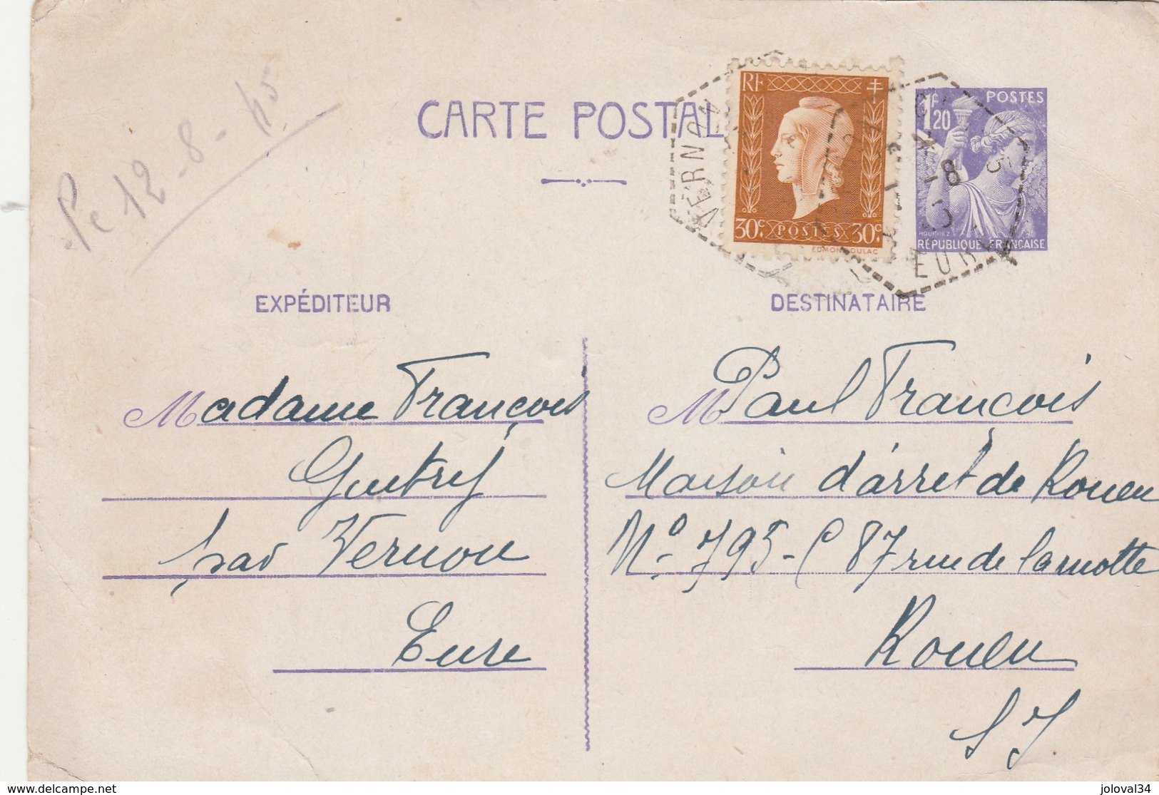 Yvert 651 CP1 Entier Oblitération Poste Rurale Cachet Hexagonal VERNON Eure 1945 Pour Maison Arrêt Rouen - Cartoline Postali E Su Commissione Privata TSC (ante 1995)